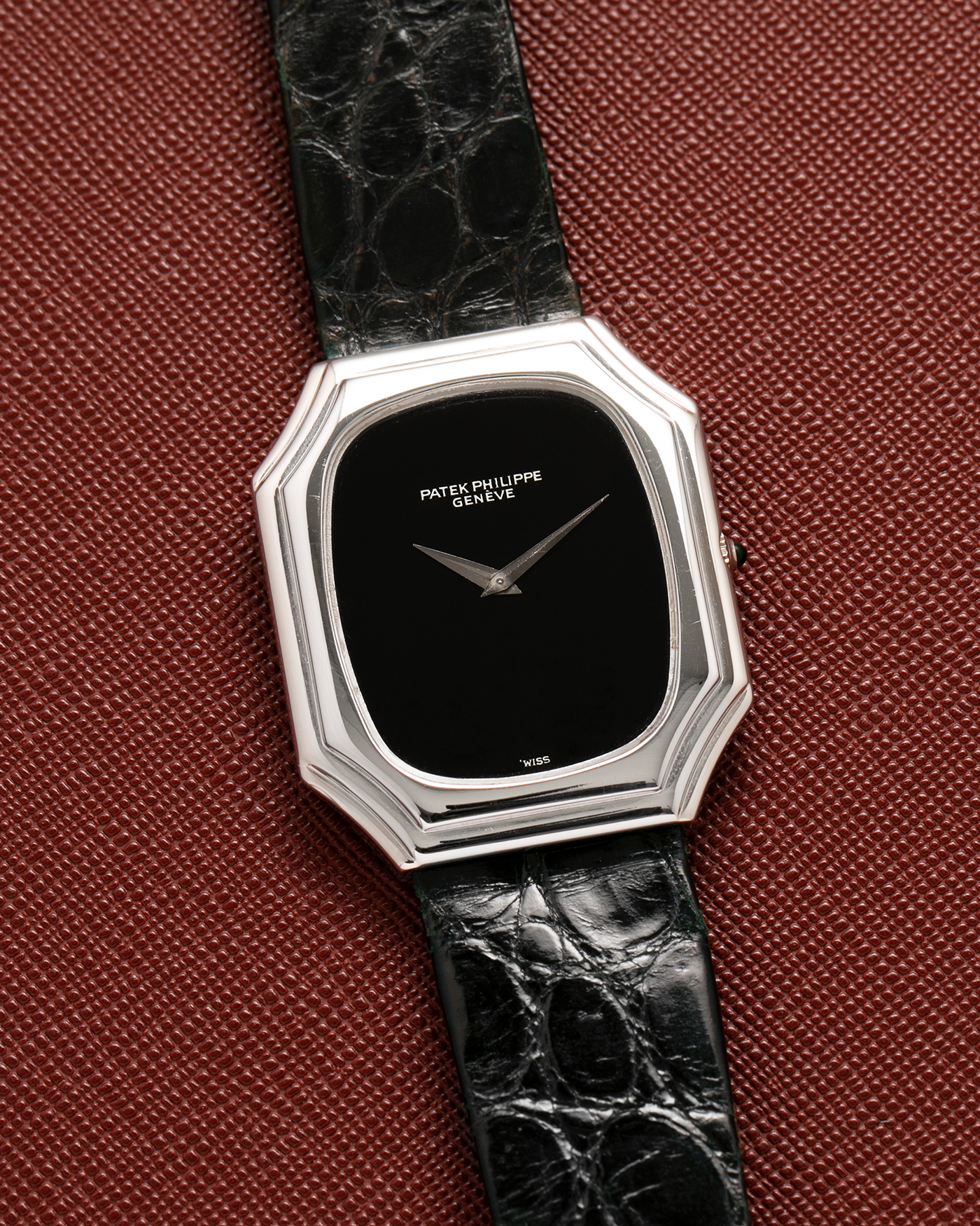 Brand: Patek Philippe
Year: 1976
Reference: 3629 'Bat'
Material: 18-carat White Gold
Movement: Patek Philippe Cal. 177, Manual-Winding
Case Dimensions: 37mm (Including Lugs) x 31mm x 5mm
Lug Width: 17mm
Strap: Patek Philippe Alligator Leather Strap with Signed 18-carat White Gold Tang Buckle