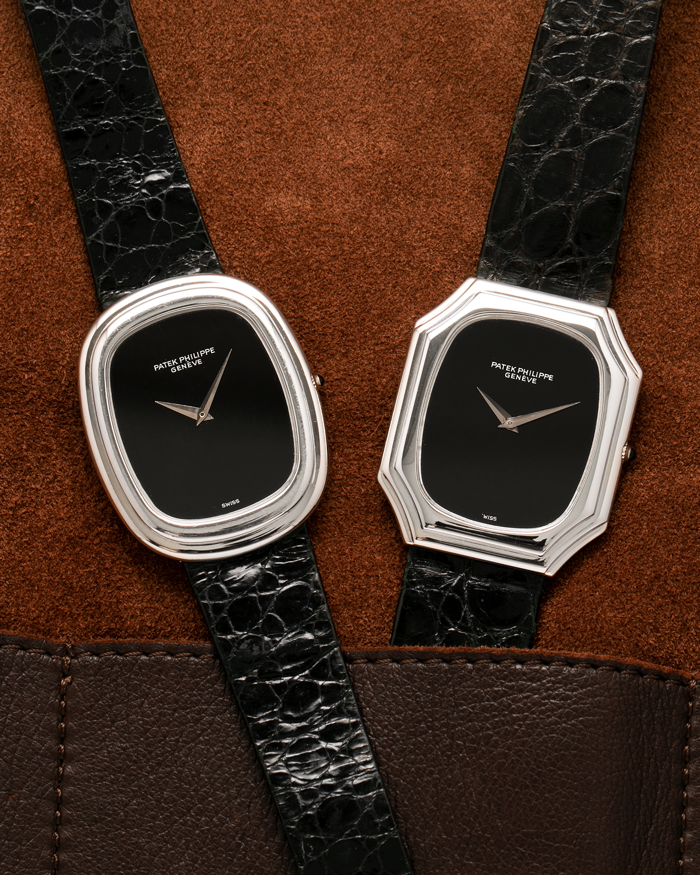 Brand: Patek Philippe
Year: 1976
Reference: 3629 'Bat'
Material: 18-carat White Gold
Movement: Patek Philippe Cal. 177, Manual-Winding
Case Dimensions: 37mm (Including Lugs) x 31mm x 5mm
Lug Width: 17mm
Strap: Patek Philippe Alligator Leather Strap with Signed 18-carat White Gold Tang Buckle