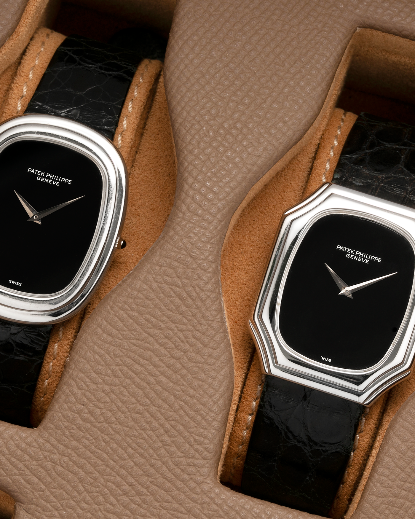 Brand: Patek Philippe
Year: 1976
Reference: 3629 'Bat'
Material: 18-carat White Gold
Movement: Patek Philippe Cal. 177, Manual-Winding
Case Dimensions: 37mm (Including Lugs) x 31mm x 5mm
Lug Width: 17mm
Strap: Patek Philippe Alligator Leather Strap with Signed 18-carat White Gold Tang Buckle