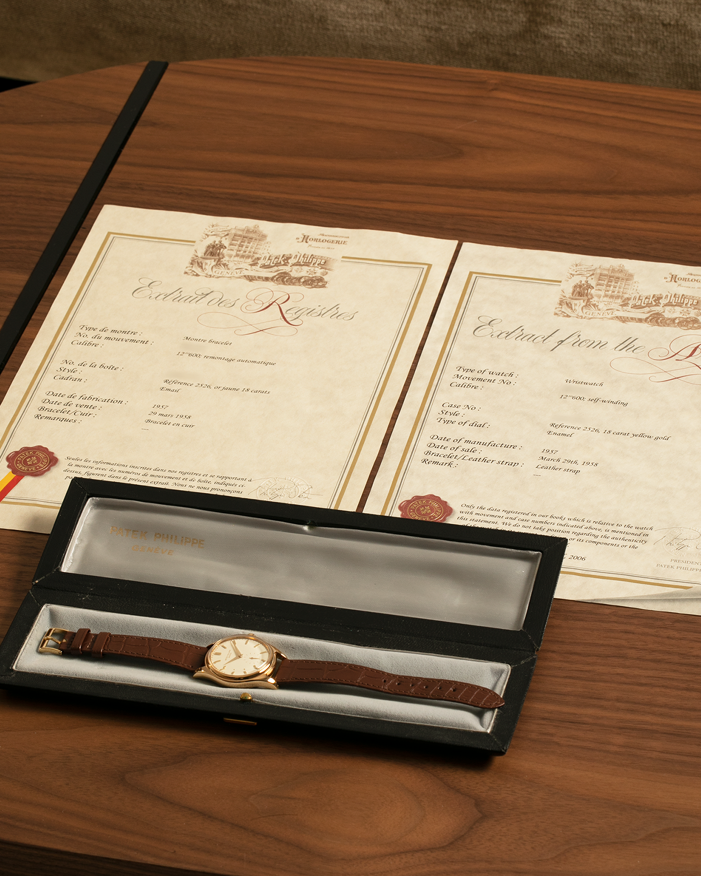 Brand: Patek Philippe
Year: 1957
Model: Calatrava
Reference: 2526, Third Series
Material: 18-carat Yellow Gold
Movement: Patek Philippe Cal. 12-600AT, Self-Winding
Case Dimensions: 36mm x 11.3mm (Lug-to-Lug 44mm)
Lug Width: 18mm
Strap: Patek Philippe Brown Calf Leather Strap with Signed 18-carat Yellow Gold Tang Buckle