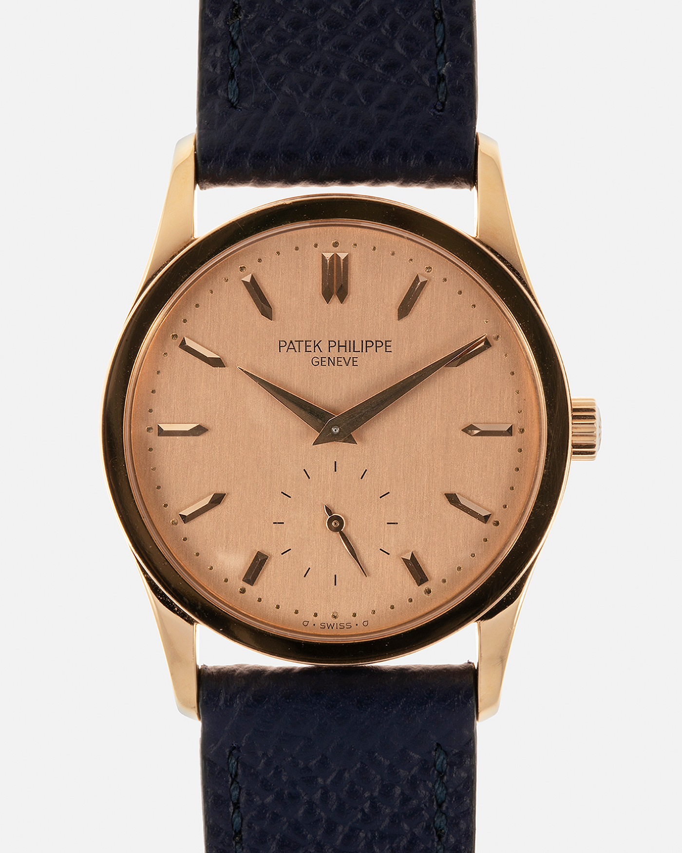 Brand: Patek Philippe
Year: 1993
Model: Calatrava
Reference: 3796R
Material: 18-carat Rose Gold
Movement: Patek Philippe Cal. 215 PS, Manual-Winding
Case Dimensions: 31mm x 7mm (Lug-to-Lug 37mm)
Lug Width: 18mm
Strap: Patek Philippe Black Alligator Leather Strap with Signed 18-carat Rose Gold Tang Buckle, additional Nostime Dark Navy Textured Calf Leather Strap