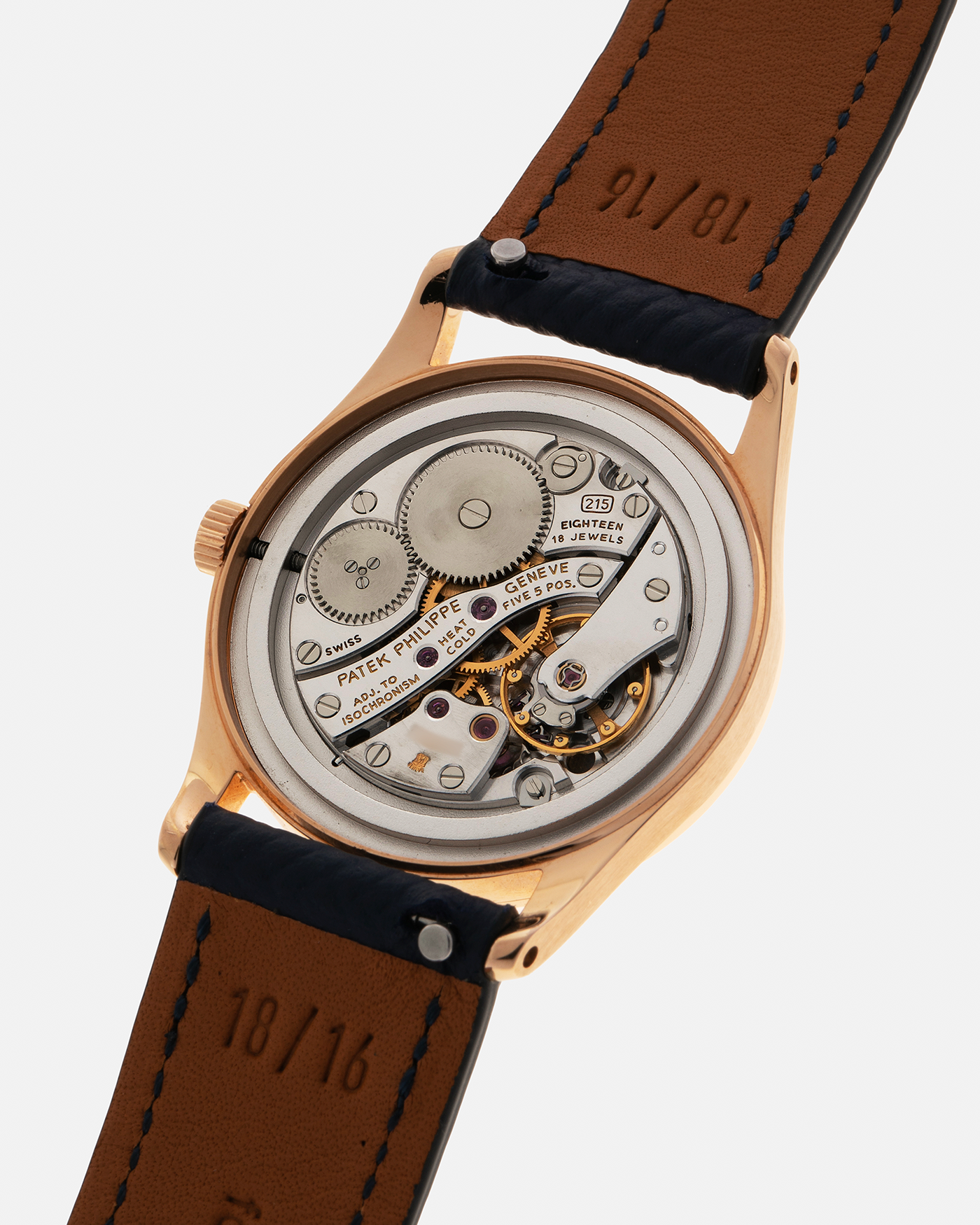 Brand: Patek Philippe
Year: 1993
Model: Calatrava
Reference: 3796R
Material: 18-carat Rose Gold
Movement: Patek Philippe Cal. 215 PS, Manual-Winding
Case Dimensions: 31mm x 7mm (Lug-to-Lug 37mm)
Lug Width: 18mm
Strap: Patek Philippe Black Alligator Leather Strap with Signed 18-carat Rose Gold Tang Buckle, additional Nostime Dark Navy Textured Calf Leather Strap