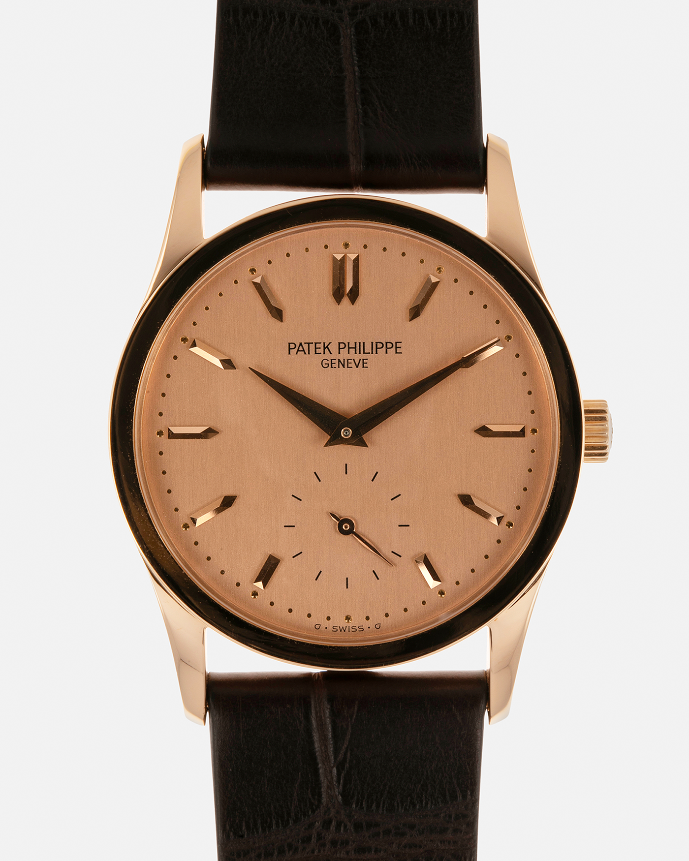 Brand: Patek Philippe
Year: 1993
Model: Calatrava
Reference: 3796R
Material: 18-carat Rose Gold
Movement: Patek Philippe Cal. 215 PS, Manual-Winding
Case Dimensions: 31mm x 7mm (Lug-to-Lug 37mm)
Lug Width: 18mm
Strap: Handdn Dark Brown Alligator Stitchless Leather Strap with Signed 18-carat Rose Gold Tang Buckle
