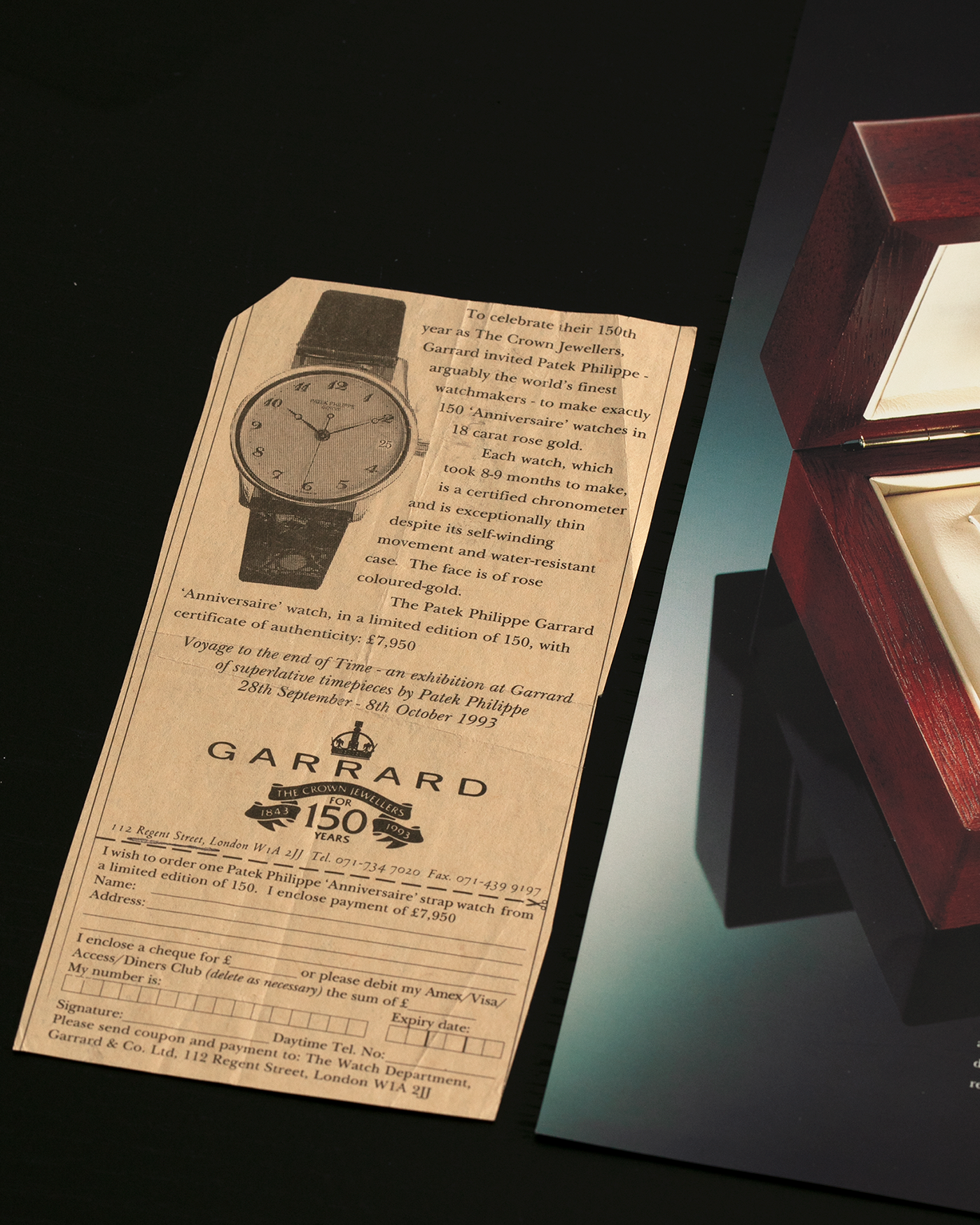 Brand: Patek Philippe
Year: 1993
Model: Calatrava ‘Garrard 150th Anniversary’, Limited to 150 Pieces
Reference: 3998SR
Material: 18-carat Rose Gold
Movement: Patek Philippe Cal. 315 SC, Self-Winding
Case Dimensions: 33.5mm x 8mm (Lug-to-Lug 42mm)
Lug Width: 18mm
Strap: Patek Philippe Black Alligator Strap with Signed 18-carat Rose Gold Tang Buckle