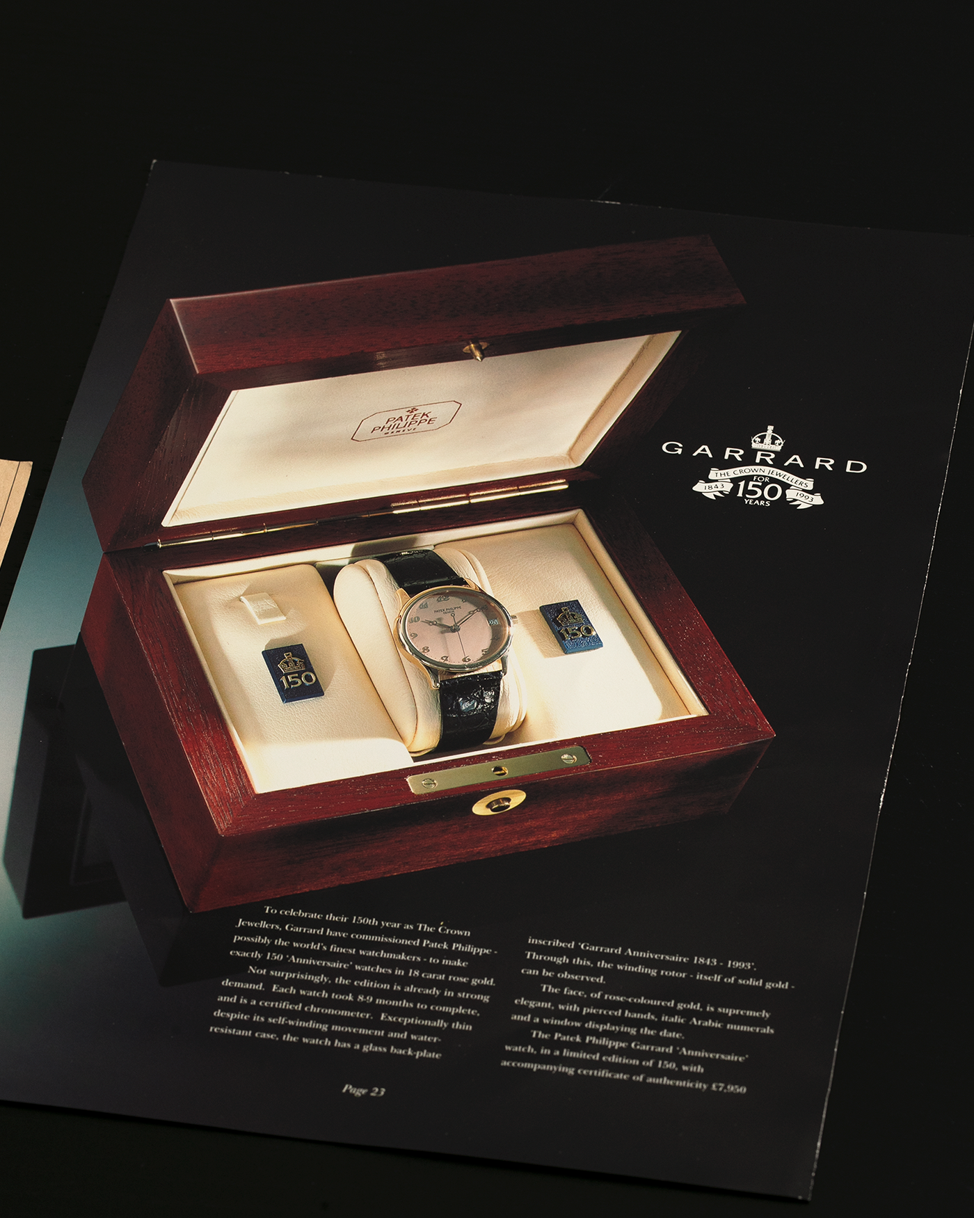 Brand: Patek Philippe
Year: 1993
Model: Calatrava ‘Garrard 150th Anniversary’, Limited to 150 Pieces
Reference: 3998SR
Material: 18-carat Rose Gold
Movement: Patek Philippe Cal. 315 SC, Self-Winding
Case Dimensions: 33.5mm x 8mm (Lug-to-Lug 42mm)
Lug Width: 18mm
Strap: Patek Philippe Black Alligator Strap with Signed 18-carat Rose Gold Tang Buckle