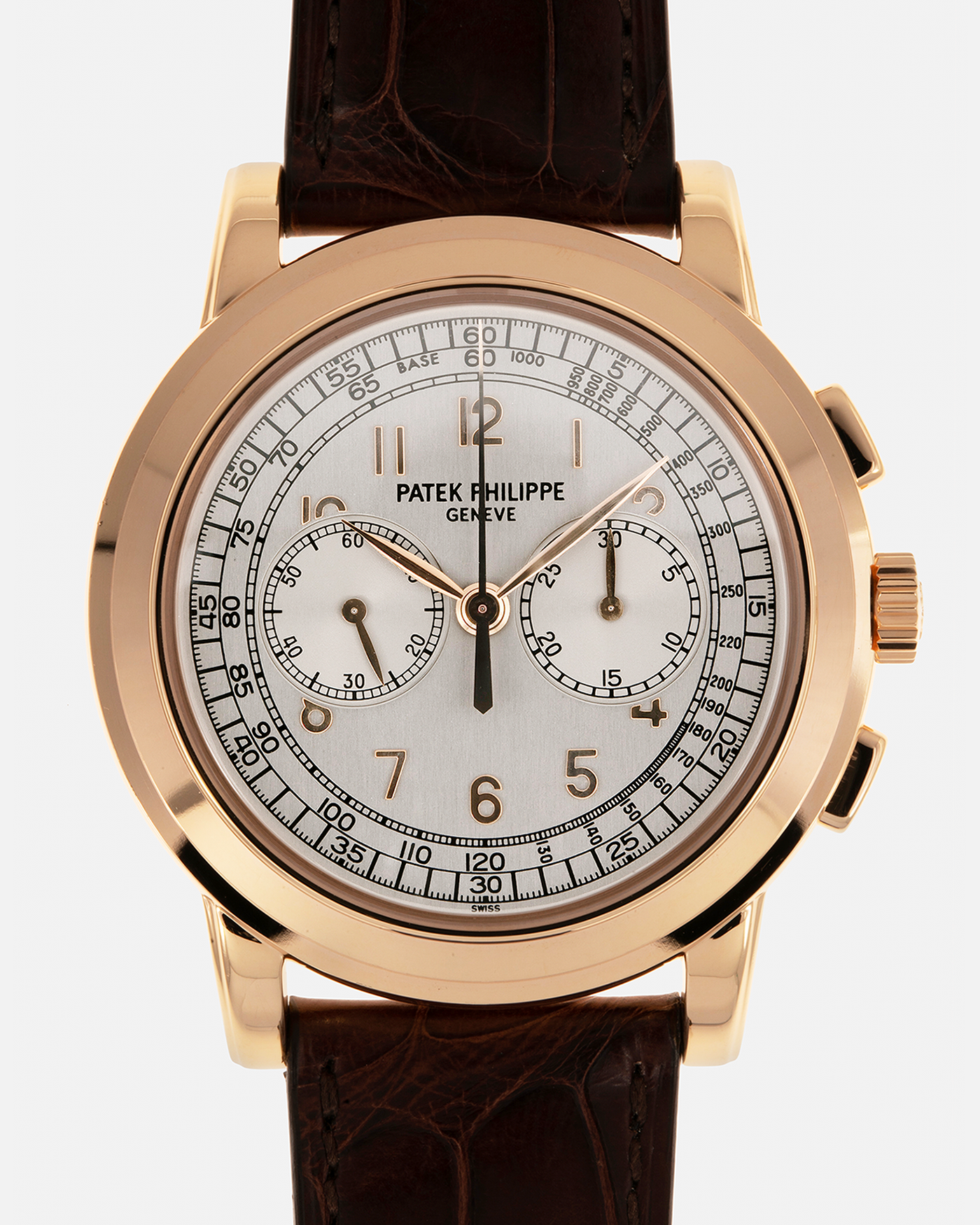 Brand: Patek Philippe 
Year: 2000s
Model: Chronograph
Reference: 5070R
Material: 18-carat Rose Gold
Movement: Patek Philippe Cal. 27-20 CHR (Based on Lemania Cal. 2310), Manual-Winding
Case Dimensions: 42mm x 11.6mm (Lug-to-Lug 48.4mm)
Strap: Patek Philippe Dark Brown Alligator Leather Strap with Signed 18-carat Yellow Gold Deployant Clasp