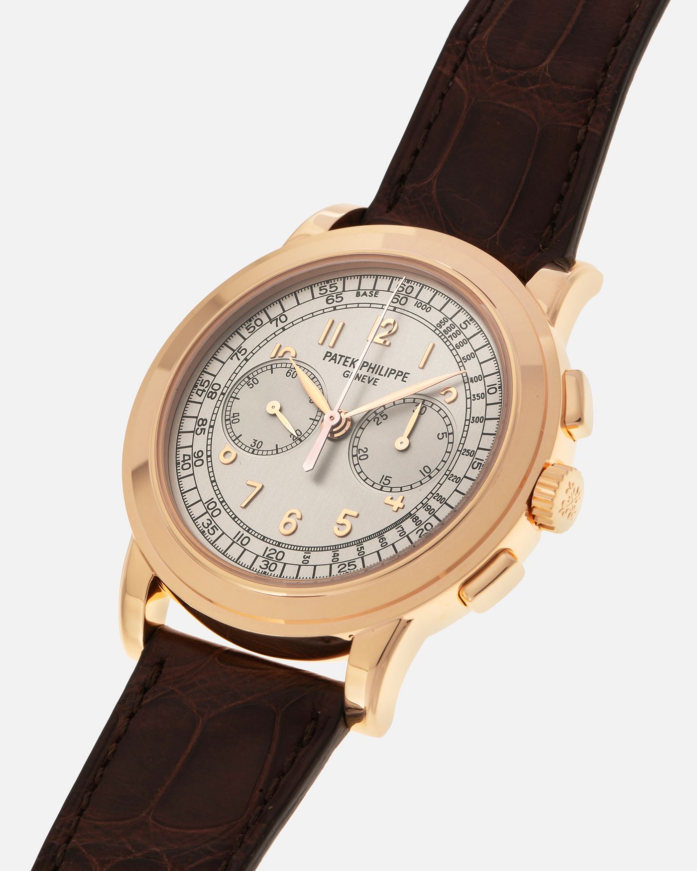 Brand: Patek Philippe 
Year: 2000s
Model: Chronograph
Reference: 5070R
Material: 18-carat Rose Gold
Movement: Patek Philippe Cal. 27-20 CHR (Based on Lemania Cal. 2310), Manual-Winding
Case Dimensions: 42mm x 11.6mm (Lug-to-Lug 48.4mm)
Strap: Patek Philippe Dark Brown Alligator Leather Strap with Signed 18-carat Yellow Gold Deployant Clasp