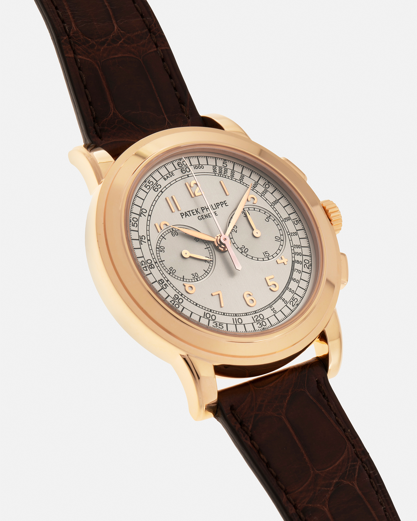 Brand: Patek Philippe 
Year: 2000s
Model: Chronograph
Reference: 5070R
Material: 18-carat Rose Gold
Movement: Patek Philippe Cal. 27-20 CHR (Based on Lemania Cal. 2310), Manual-Winding
Case Dimensions: 42mm x 11.6mm (Lug-to-Lug 48.4mm)
Strap: Patek Philippe Dark Brown Alligator Leather Strap with Signed 18-carat Yellow Gold Deployant Clasp