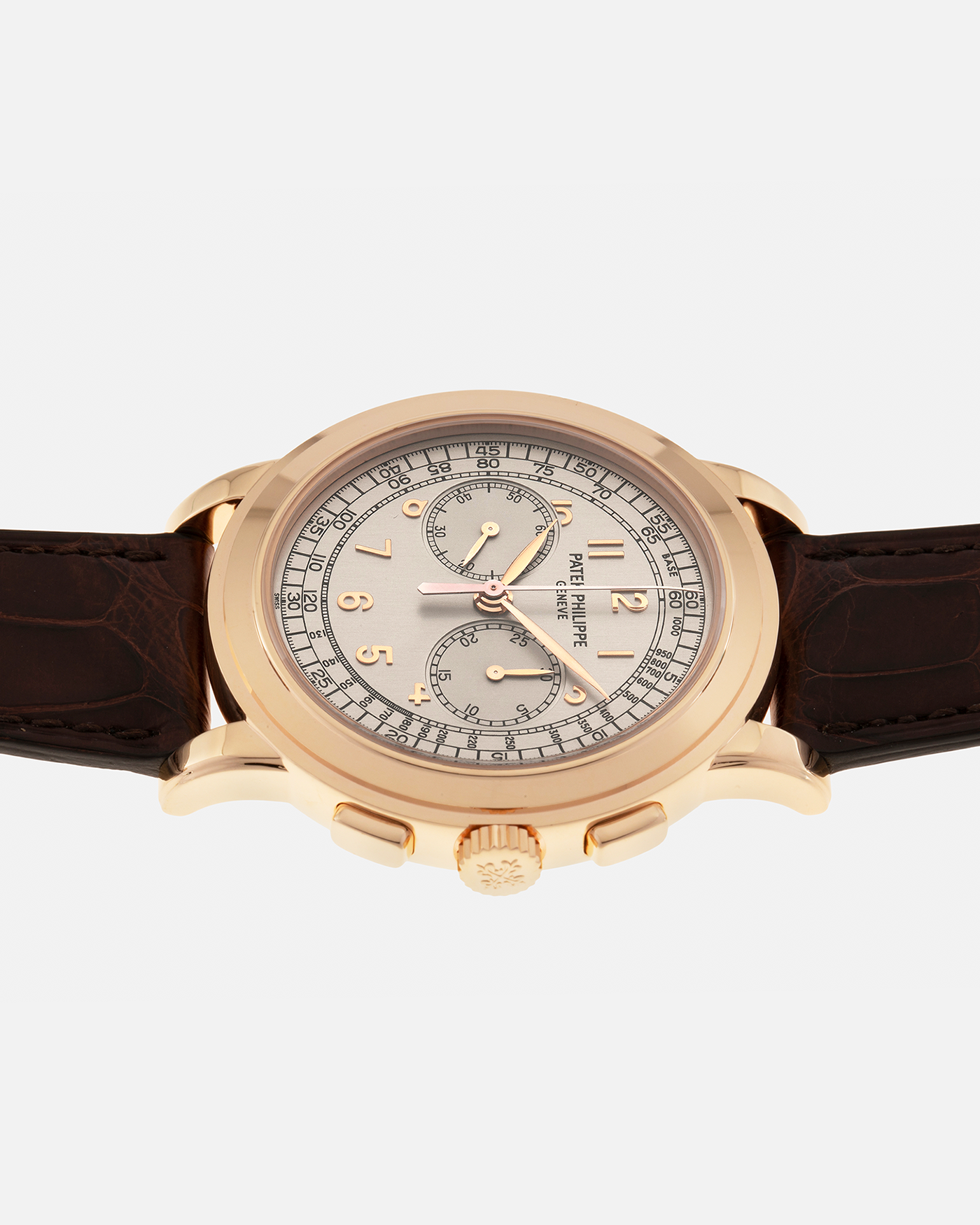 Brand: Patek Philippe 
Year: 2000s
Model: Chronograph
Reference: 5070R
Material: 18-carat Rose Gold
Movement: Patek Philippe Cal. 27-20 CHR (Based on Lemania Cal. 2310), Manual-Winding
Case Dimensions: 42mm x 11.6mm (Lug-to-Lug 48.4mm)
Strap: Patek Philippe Dark Brown Alligator Leather Strap with Signed 18-carat Yellow Gold Deployant Clasp