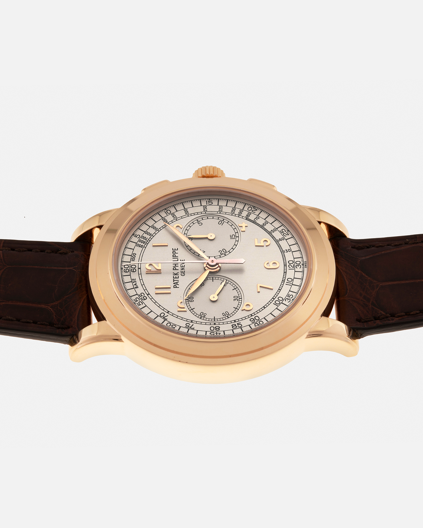 Brand: Patek Philippe 
Year: 2000s
Model: Chronograph
Reference: 5070R
Material: 18-carat Rose Gold
Movement: Patek Philippe Cal. 27-20 CHR (Based on Lemania Cal. 2310), Manual-Winding
Case Dimensions: 42mm x 11.6mm (Lug-to-Lug 48.4mm)
Strap: Patek Philippe Dark Brown Alligator Leather Strap with Signed 18-carat Yellow Gold Deployant Clasp