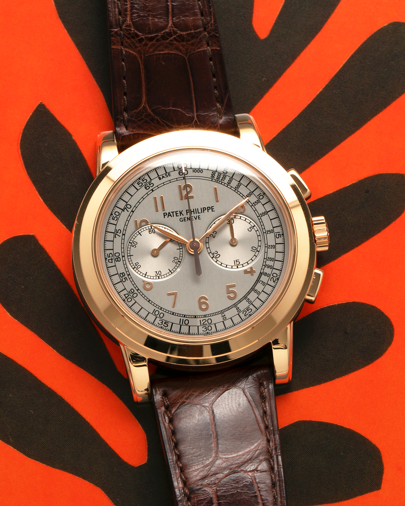 Brand: Patek Philippe 
Year: 2000s
Model: Chronograph
Reference: 5070R
Material: 18-carat Rose Gold
Movement: Patek Philippe Cal. 27-20 CHR (Based on Lemania Cal. 2310), Manual-Winding
Case Dimensions: 42mm x 11.6mm (Lug-to-Lug 48.4mm)
Strap: Patek Philippe Dark Brown Alligator Leather Strap with Signed 18-carat Yellow Gold Deployant Clasp