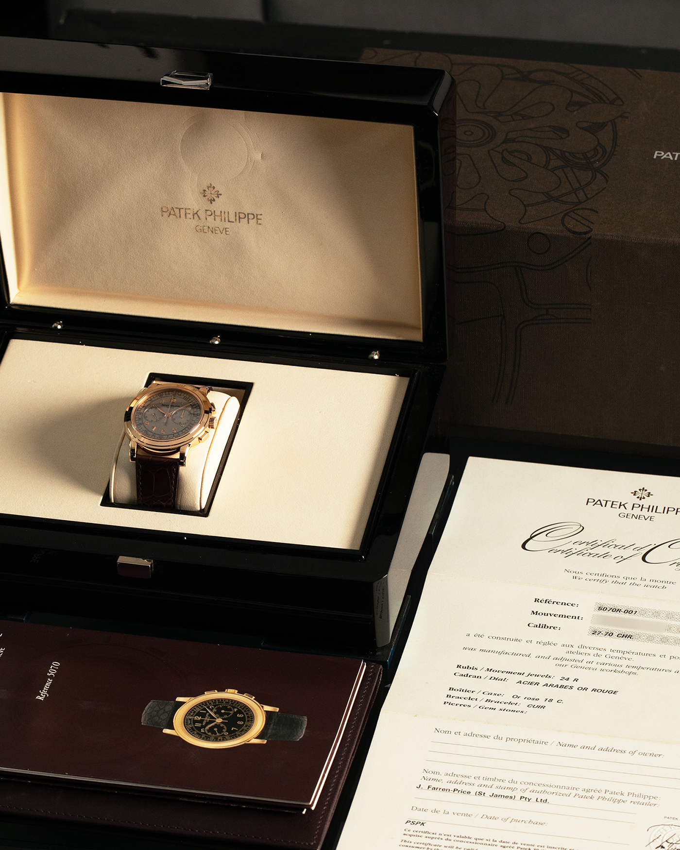 Brand: Patek Philippe 
Year: 2000s
Model: Chronograph
Reference: 5070R
Material: 18-carat Rose Gold
Movement: Patek Philippe Cal. 27-20 CHR (Based on Lemania Cal. 2310), Manual-Winding
Case Dimensions: 42mm x 11.6mm (Lug-to-Lug 48.4mm)
Strap: Patek Philippe Dark Brown Alligator Leather Strap with Signed 18-carat Yellow Gold Deployant Clasp