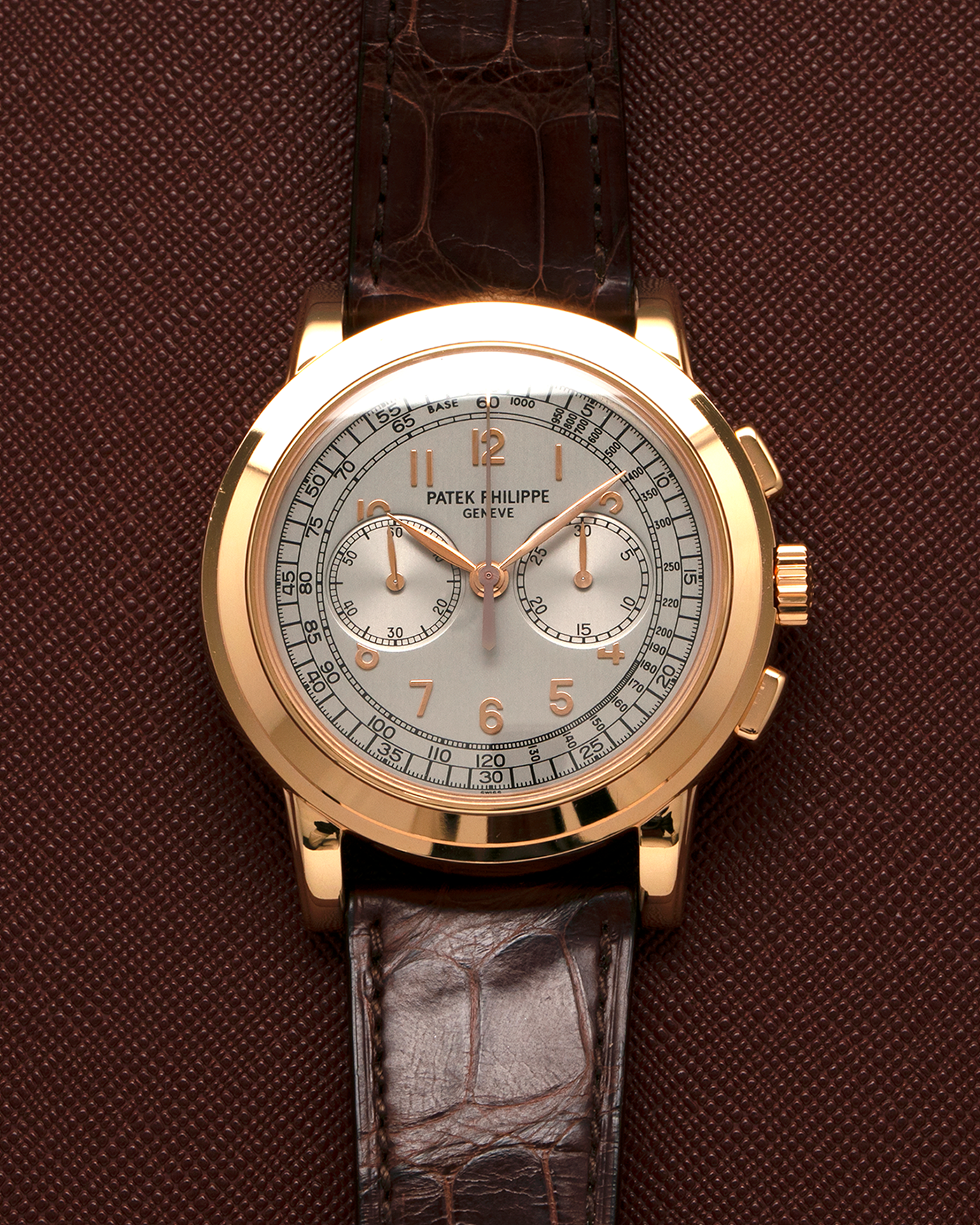 Brand: Patek Philippe 
Year: 2000s
Model: Chronograph
Reference: 5070R
Material: 18-carat Rose Gold
Movement: Patek Philippe Cal. 27-20 CHR (Based on Lemania Cal. 2310), Manual-Winding
Case Dimensions: 42mm x 11.6mm (Lug-to-Lug 48.4mm)
Strap: Patek Philippe Dark Brown Alligator Leather Strap with Signed 18-carat Yellow Gold Deployant Clasp
