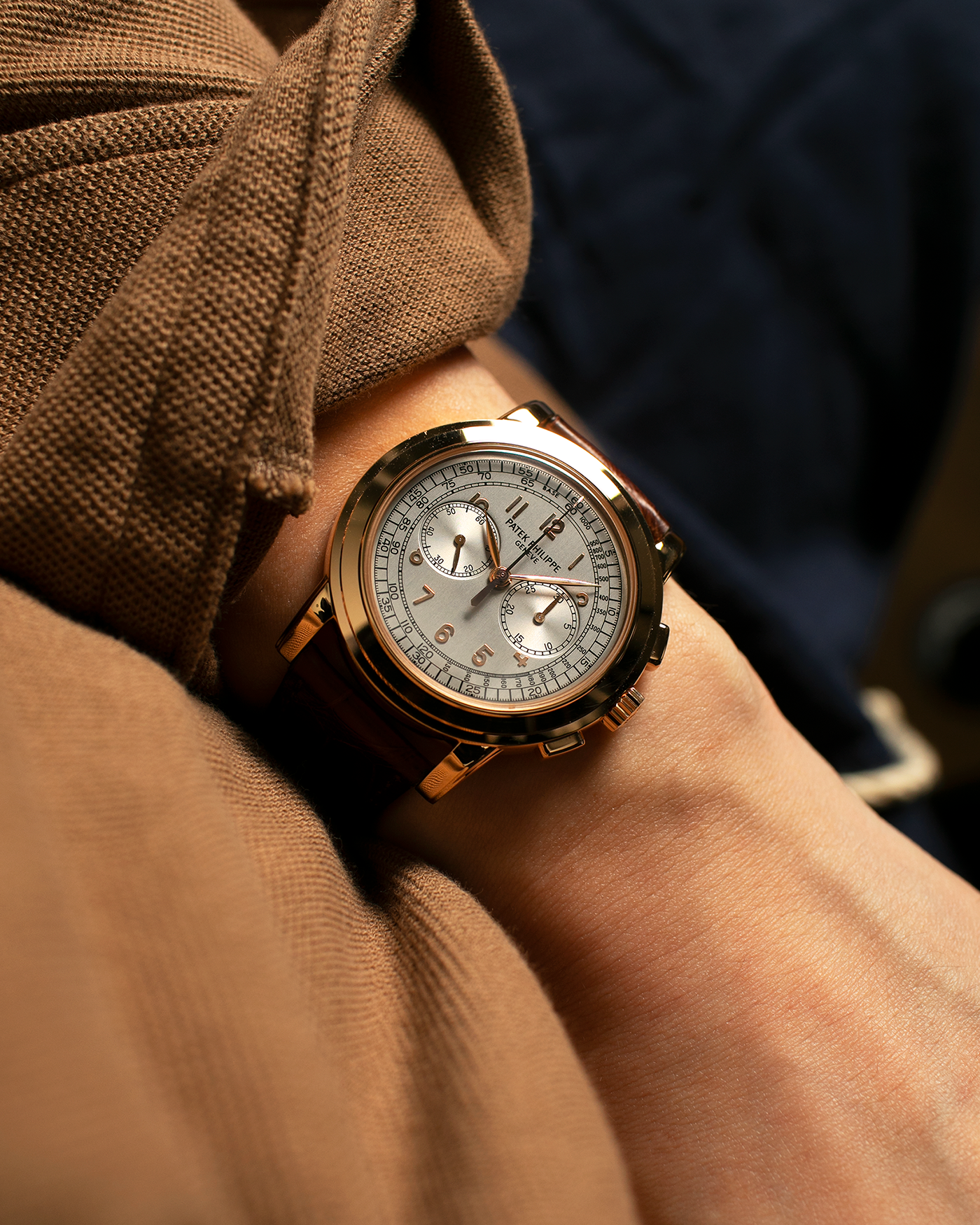 Brand: Patek Philippe 
Year: 2000s
Model: Chronograph
Reference: 5070R
Material: 18-carat Rose Gold
Movement: Patek Philippe Cal. 27-20 CHR (Based on Lemania Cal. 2310), Manual-Winding
Case Dimensions: 42mm x 11.6mm (Lug-to-Lug 48.4mm)
Strap: Patek Philippe Dark Brown Alligator Leather Strap with Signed 18-carat Yellow Gold Deployant Clasp