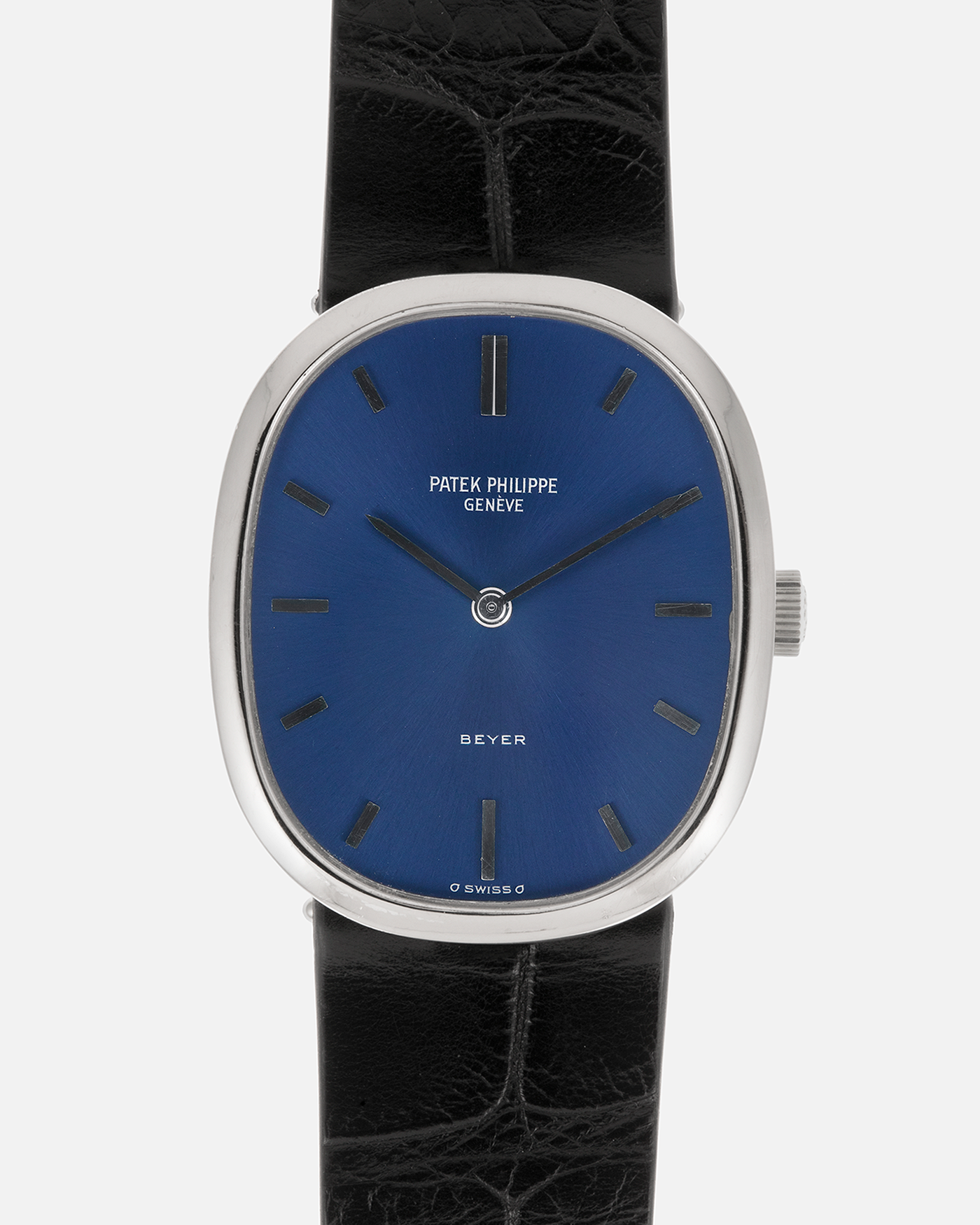 Brand: Patek Philippe
Year: 1972
Model: Ellipse
Reference: 3548G
Material: 18-carat White Gold
Movement: Patek Philippe Cal. 23-300, Manual-Winding
Case Dimensions: 32mm (Including Lugs) x 27mm x 6.1mm
Lug Width: 17mm
Strap: Custom Handdn Black Alligator Stitchless Leather Strap with Signed 18-carat White Gold Tang Buckle