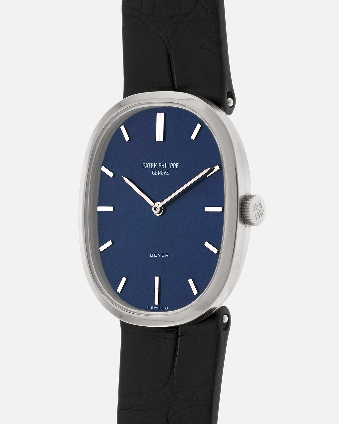 Brand: Patek Philippe
Year: 1972
Model: Ellipse
Reference: 3548G
Material: 18-carat White Gold
Movement: Patek Philippe Cal. 23-300, Manual-Winding
Case Dimensions: 32mm (Including Lugs) x 27mm x 6.1mm
Lug Width: 17mm
Strap: Custom Handdn Black Alligator Stitchless Leather Strap with Signed 18-carat White Gold Tang Buckle