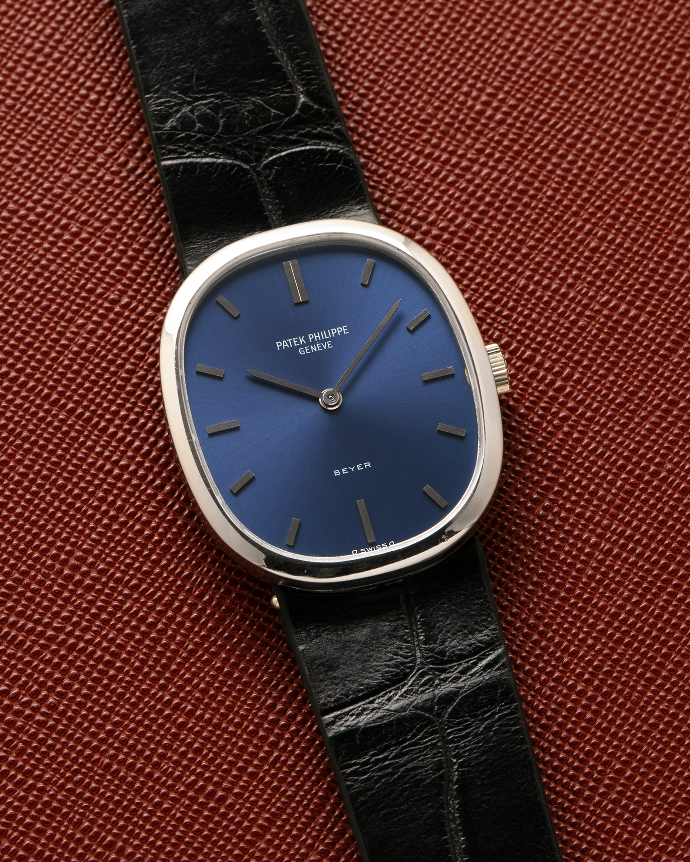 Brand: Patek Philippe
Year: 1972
Model: Ellipse
Reference: 3548G
Material: 18-carat White Gold
Movement: Patek Philippe Cal. 23-300, Manual-Winding
Case Dimensions: 32mm (Including Lugs) x 27mm x 6.1mm
Lug Width: 17mm
Strap: Custom Handdn Black Alligator Stitchless Leather Strap with Signed 18-carat White Gold Tang Buckle