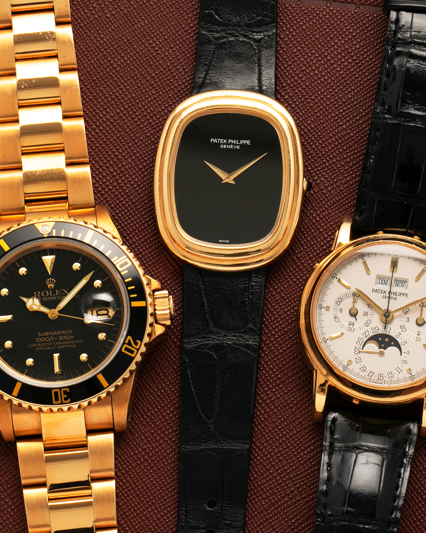 Brand: Patek Philippe
Year: 1977
Model: Ellipse
Reference Number: 3730
Material: 18-carat Yellow Gold Case, Onyx Dial
Movement: Patek Philippe Cal. 215, Manual-Winding
Case Dimensions: 31mm x 6mm (Lug-to-Lug 38.5mm)
Lug Width: 17mm
Strap: Custom Handdn Black Alligator Stitchless Leather Strap with Signed 18-carat Yellow Gold Ellipse Buckle