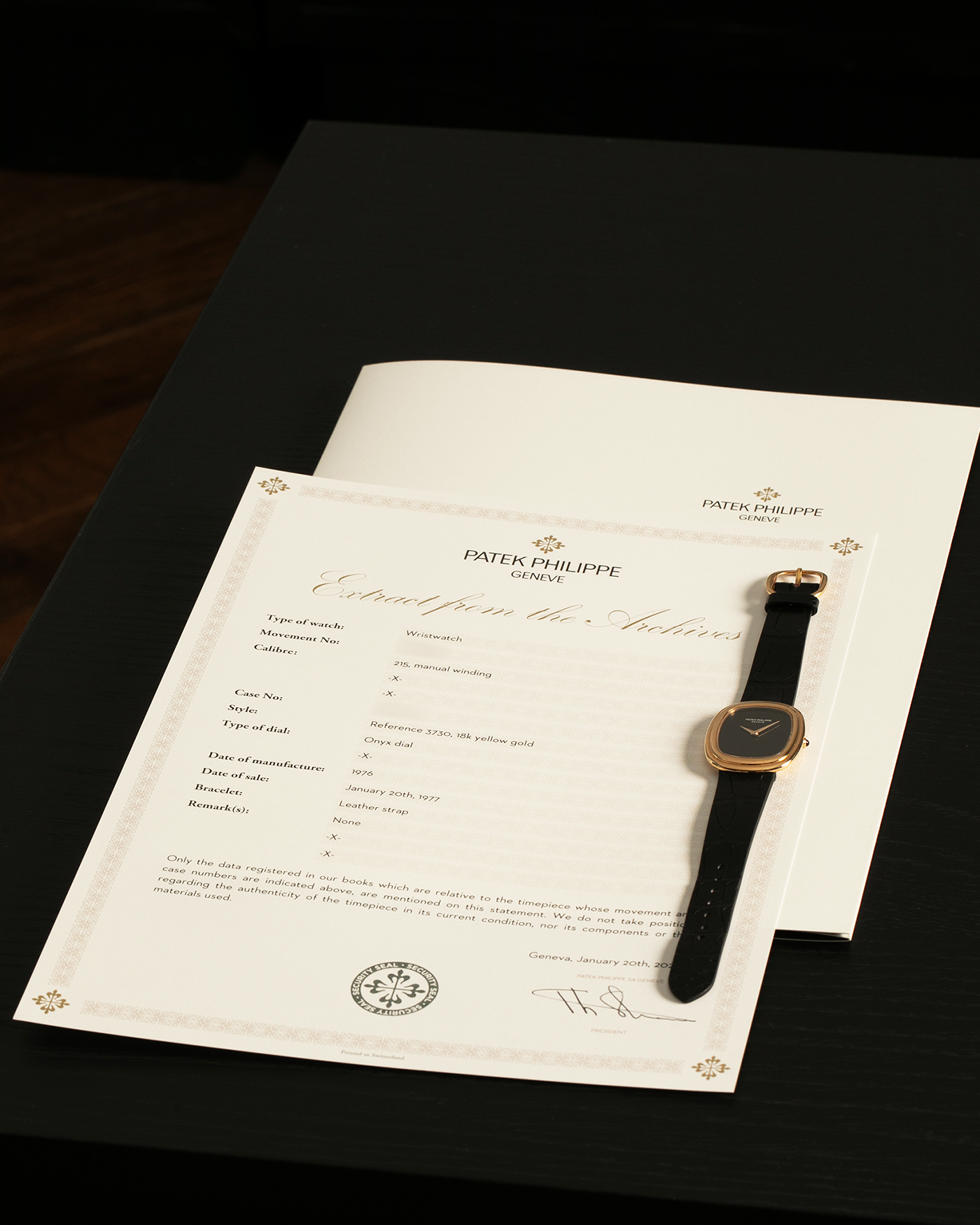 Brand: Patek Philippe
Year: 1977
Model: Ellipse
Reference Number: 3730
Material: 18-carat Yellow Gold Case, Onyx Dial
Movement: Patek Philippe Cal. 215, Manual-Winding
Case Dimensions: 31mm x 6mm (Lug-to-Lug 38.5mm)
Lug Width: 17mm
Strap: Custom Handdn Black Alligator Stitchless Leather Strap with Signed 18-carat Yellow Gold Ellipse Buckle