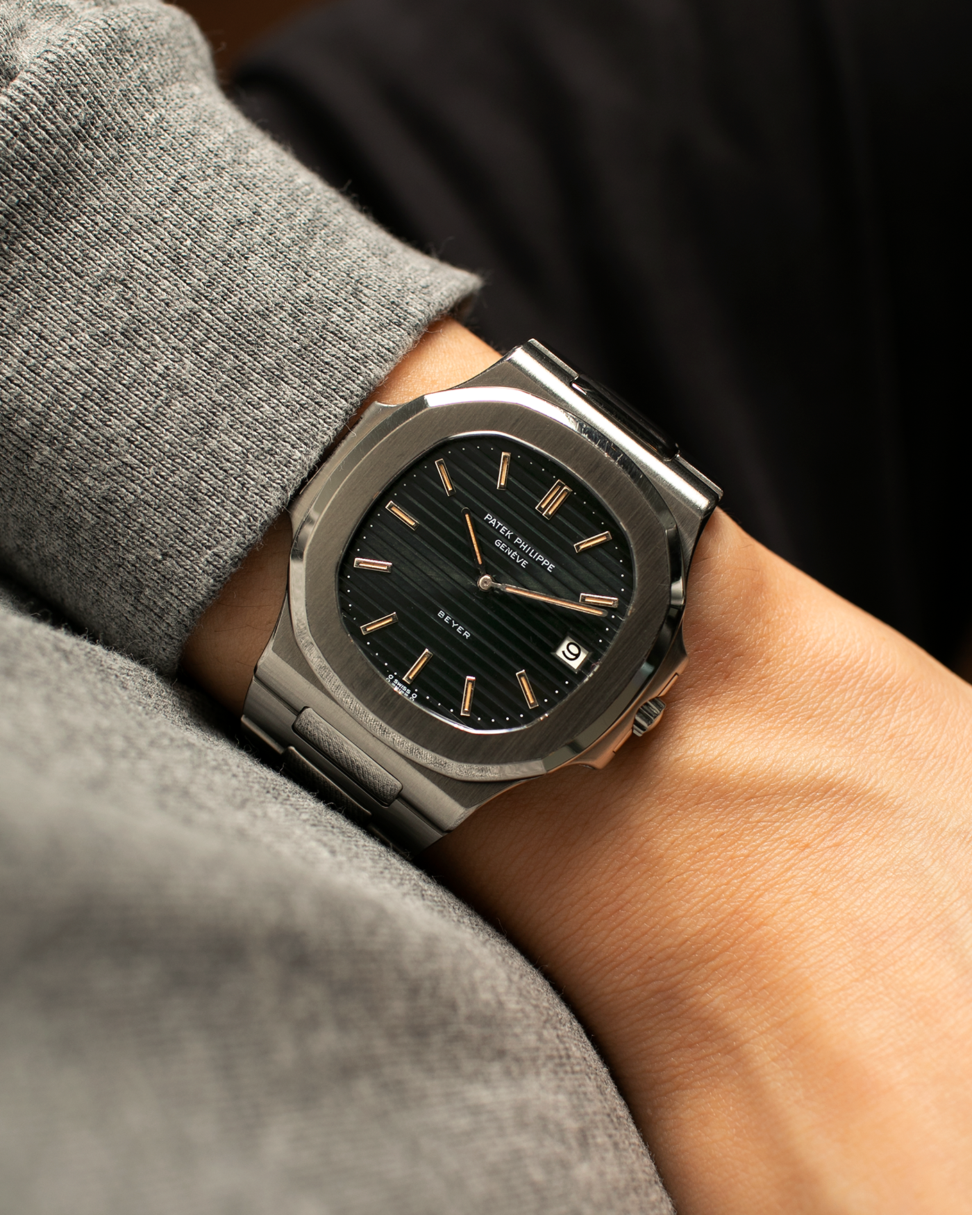 Brand: Patek Philippe
Year: 1983
Model: Nautilus ‘Jumbo’
Reference Number: 3700/11A
Material: Stainless Steel
Movement: Patek Philippe Cal. 28-255C (Jaeger LeCoultre Cal. 920 Based), Self-Winding
Case Dimensions: 40mm x 7.5mm (Ear-to-Ear 42mm)
Bracelet: Patek Philippe Integrated Bracelet in Stainless Steel with Signed Clasp