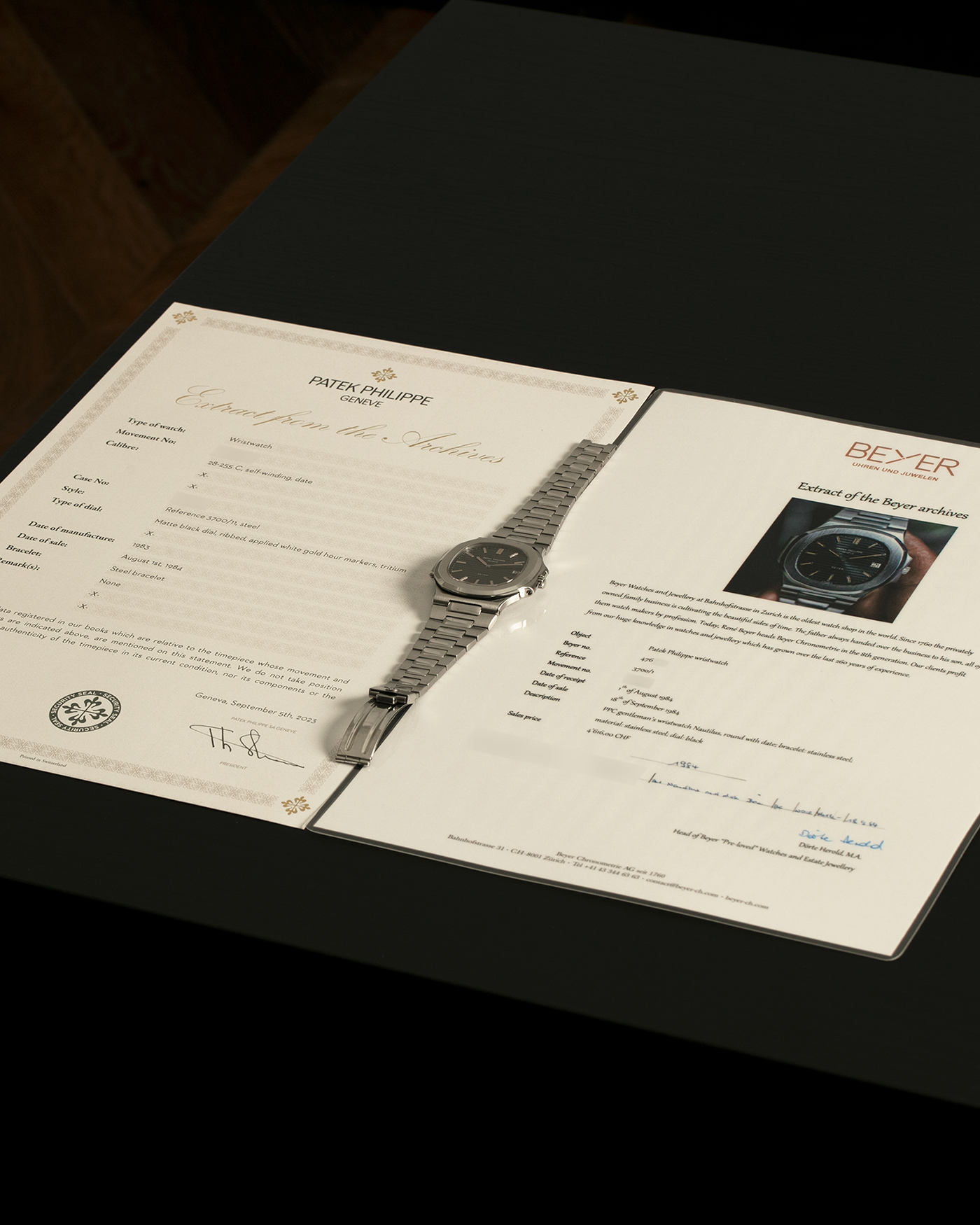 Brand: Patek Philippe
Year: 1983
Model: Nautilus ‘Jumbo’
Reference Number: 3700/11A
Material: Stainless Steel
Movement: Patek Philippe Cal. 28-255C (Jaeger LeCoultre Cal. 920 Based), Self-Winding
Case Dimensions: 40mm x 7.5mm (Ear-to-Ear 42mm)
Bracelet: Patek Philippe Integrated Bracelet in Stainless Steel with Signed Clasp