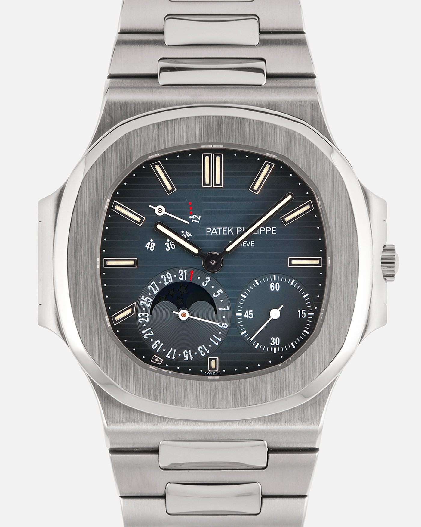 Brand: Patek Philippe
Year: 2005
Model: Nautilus
Reference Number: 3712A
Material: Stainless Steel
Movement: Patek Philippe Calibre 240 PS IRM C LU, Self-Winding
Case Dimensions: 40mm Diameter, 8.5mm Thickness
Bracelet: Patek Philippe Integrated 18-carat Rose Gold Bracelet