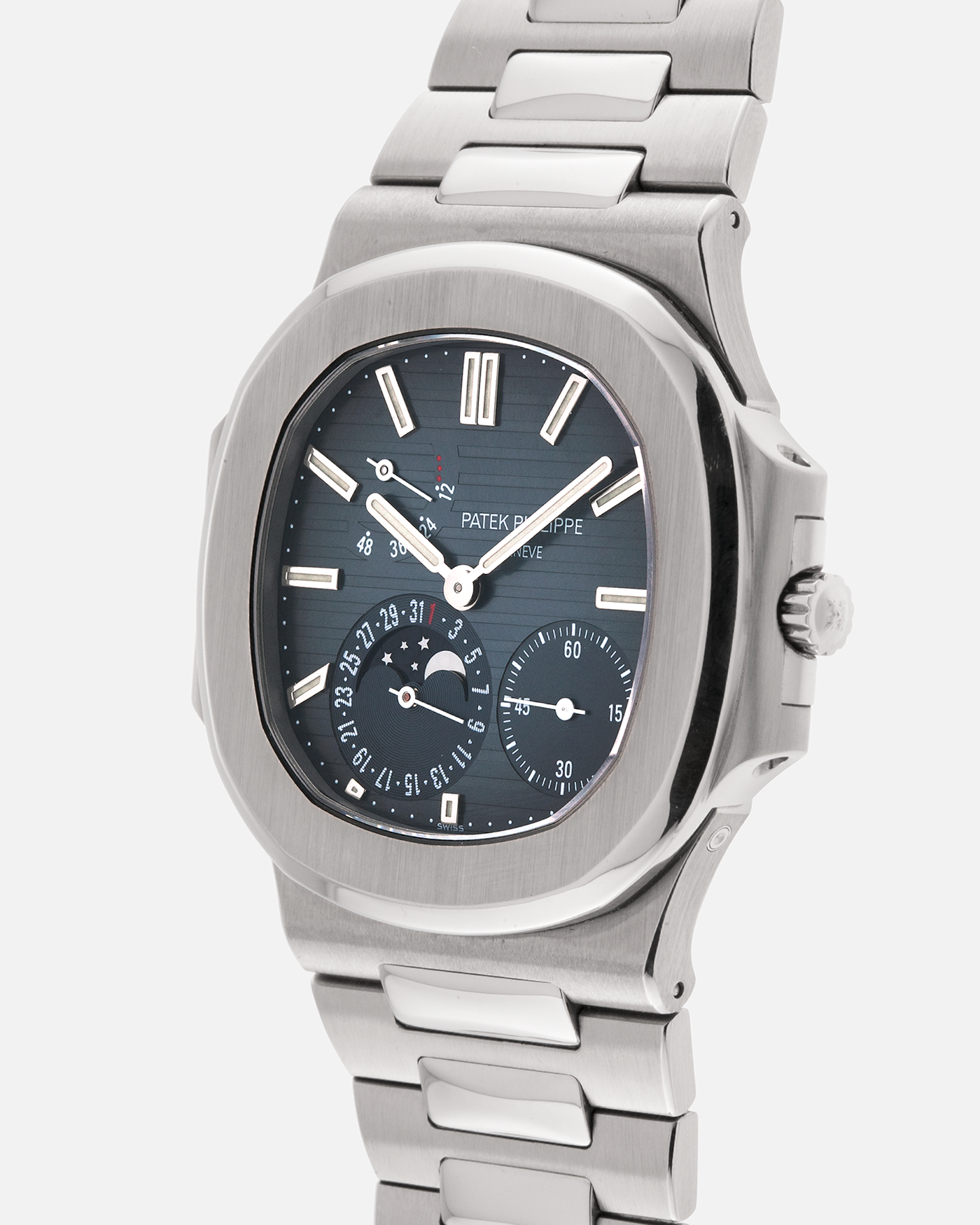 Brand: Patek Philippe
Year: 2005
Model: Nautilus
Reference Number: 3712A
Material: Stainless Steel
Movement: Patek Philippe Calibre 240 PS IRM C LU, Self-Winding
Case Dimensions: 40mm Diameter, 8.5mm Thickness
Bracelet: Patek Philippe Integrated 18-carat Rose Gold Bracelet