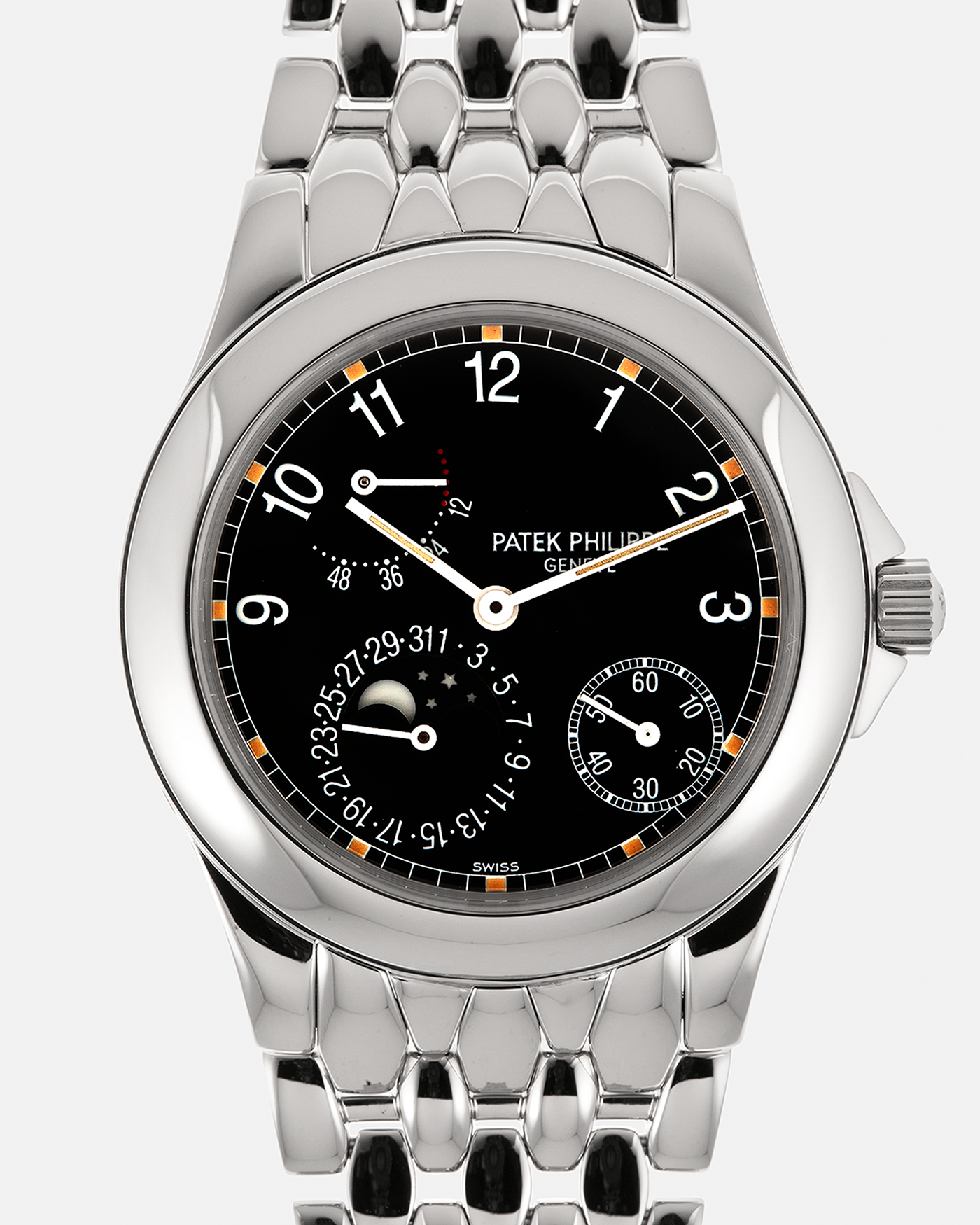 Brand: Patek Philippe
Year: 2001
Reference: 5085A Neptune
Material: Stainless Steel
Movement: Patek Philippe Cal. 240/164 PS IRM C LU, Self-Winding Micro-Rotor
Case Dimensions: 37mm x 10mm (Lug-to-Lug 43.5mm)
Bracelet: Patek Philippe Stainless Steel Multi-Link Fish-Scale Bracelet with Double-Folding Clasp