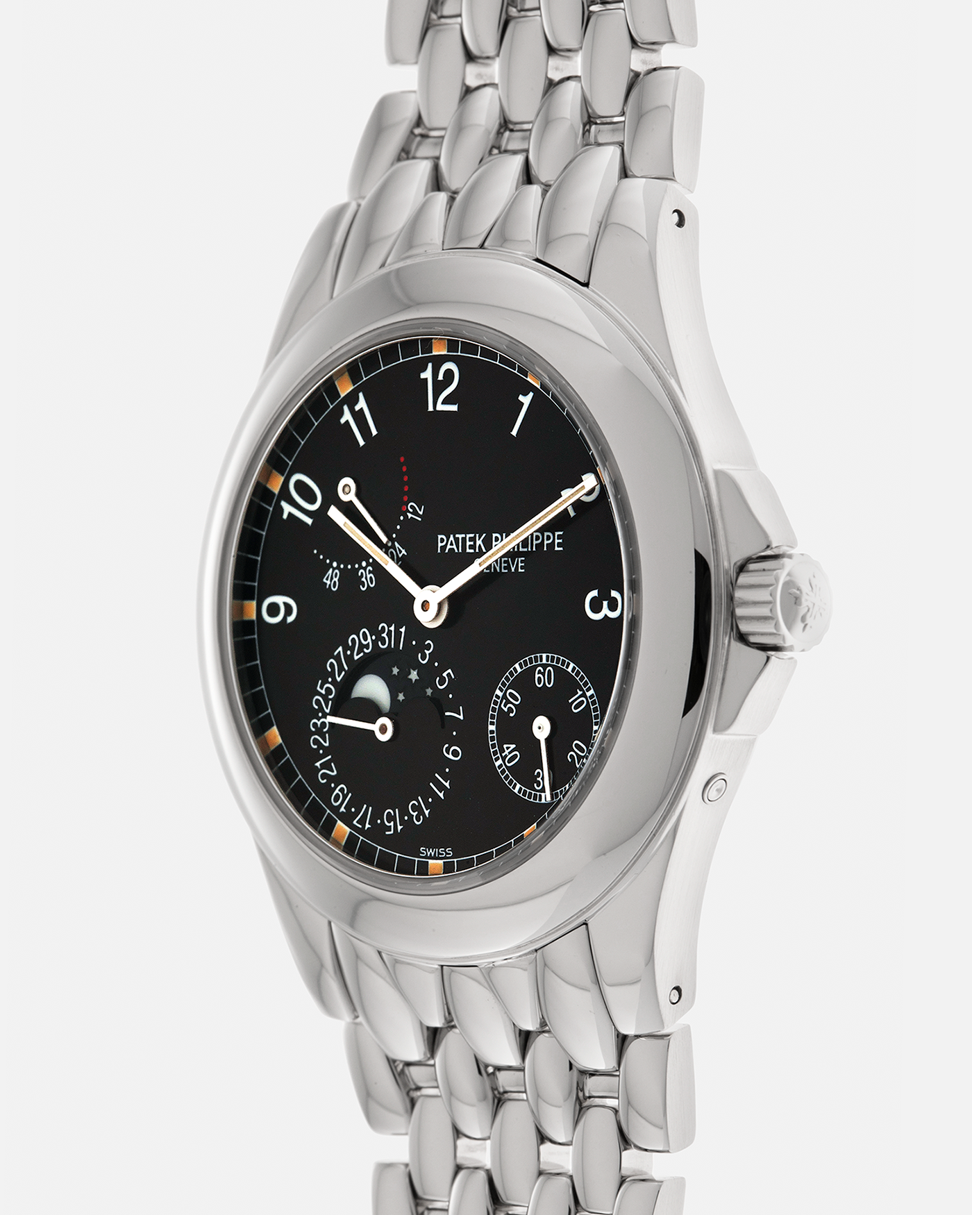 Brand: Patek Philippe
Year: 2001
Reference: 5085A Neptune
Material: Stainless Steel
Movement: Patek Philippe Cal. 240/164 PS IRM C LU, Self-Winding Micro-Rotor
Case Dimensions: 37mm x 10mm (Lug-to-Lug 43.5mm)
Bracelet: Patek Philippe Stainless Steel Multi-Link Fish-Scale Bracelet with Double-Folding Clasp