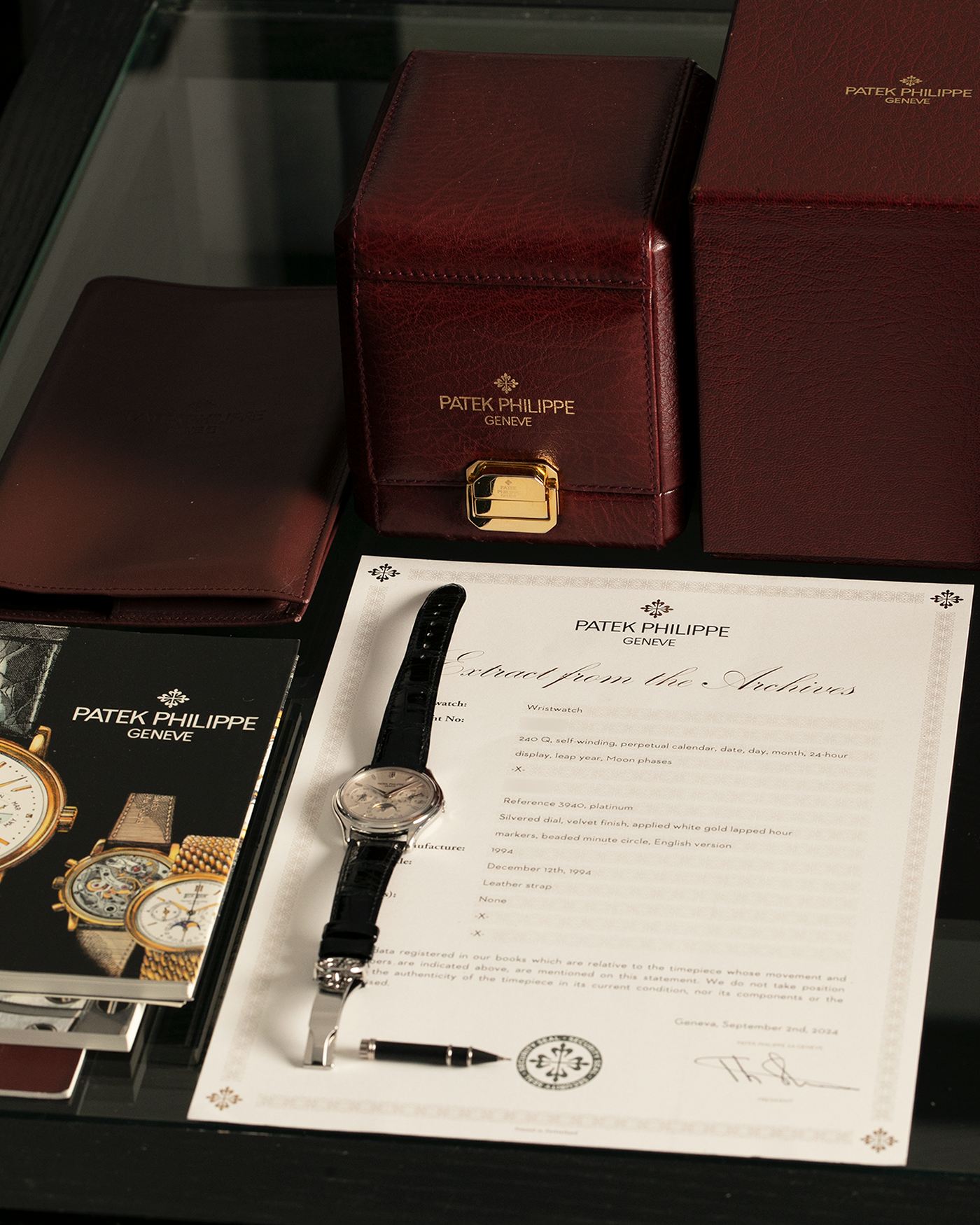 Brand: Patek Philippe
Year: 1994
Model: Perpetual Calendar ‘2nd Series’
Reference Number: 3940P
Material: Platinum 950
Movement: Patek Philippe Cal. 240Q, Self-Winding Micro-Rotor
Case Dimensions: 36mm x 8.5mm (Lug-to-Lug 43.3mm)
Lug Width: 18mm
Strap: Patek Philippe Black Alligator Leather Strap with Signed Platinum 950 Deployant Clasp