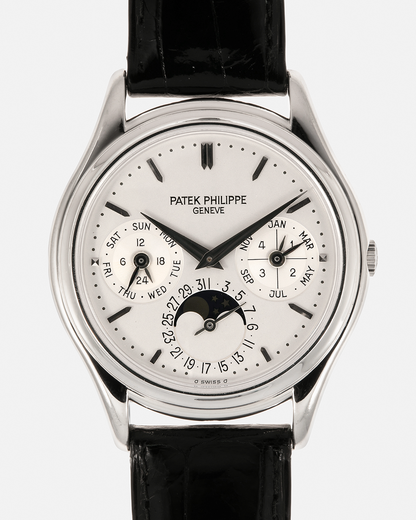Brand: Patek Philippe
Year: 1994
Model: Perpetual Calendar ‘2nd Series’
Reference Number: 3940P
Material: Platinum 950
Movement: Patek Philippe Cal. 240Q, Self-Winding Micro-Rotor
Case Dimensions: 36mm x 8.5mm (Lug-to-Lug 43.3mm)
Lug Width: 18mm
Strap: Patek Philippe Black Alligator Leather Strap with Signed Platinum 950 Deployant Clasp