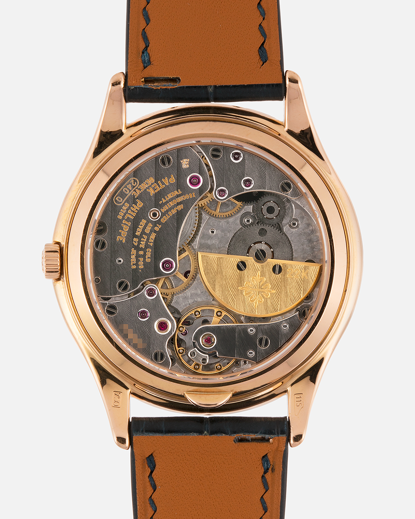 Brand: Patek Philippe
Year Manufactured: 1995
Year Sold: 1996
Reference Number: 3940R
Material: 18k Rose Gold
Movement: Patek Philippe Cal. 240Q, Self-Winding Micro-Rotor
Case Dimensions: 36mm Diameter 8.5mm Thickness
Lug Width: 18mm
Strap: Dark Blue Handdn Alligator Strap with Patek Philippe 18k Rose Gold Tang Buckle and Additional Patek Philippe Black Alligator Leather Strap