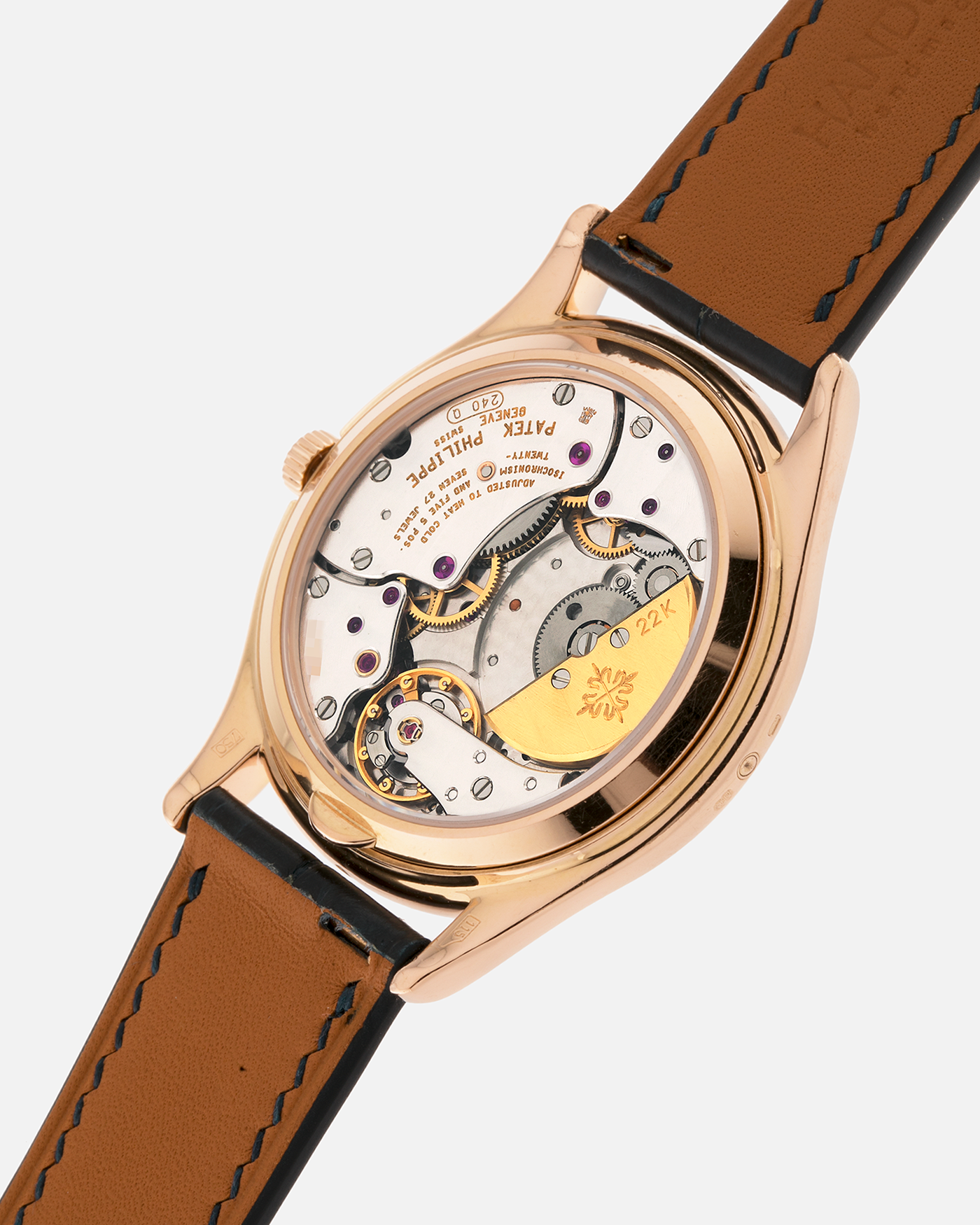 Brand: Patek Philippe
Year Manufactured: 1995
Year Sold: 1996
Reference Number: 3940R
Material: 18k Rose Gold
Movement: Patek Philippe Cal. 240Q, Self-Winding Micro-Rotor
Case Dimensions: 36mm Diameter 8.5mm Thickness
Lug Width: 18mm
Strap: Dark Blue Handdn Alligator Strap with Patek Philippe 18k Rose Gold Tang Buckle and Additional Patek Philippe Black Alligator Leather Strap
