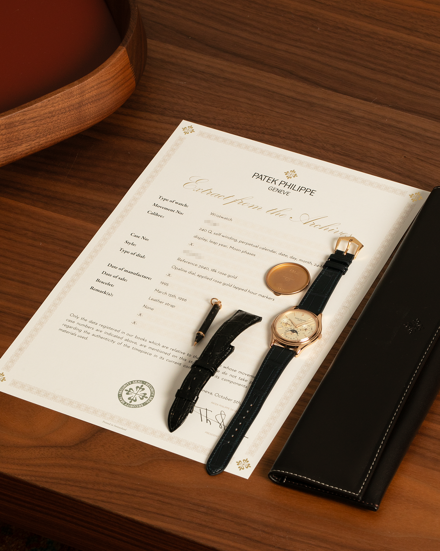 Brand: Patek Philippe
Year Manufactured: 1995
Year Sold: 1996
Reference Number: 3940R
Material: 18k Rose Gold
Movement: Patek Philippe Cal. 240Q, Self-Winding Micro-Rotor
Case Dimensions: 36mm Diameter 8.5mm Thickness
Lug Width: 18mm
Strap: Dark Blue Handdn Alligator Strap with Patek Philippe 18k Rose Gold Tang Buckle and Additional Patek Philippe Black Alligator Leather Strap