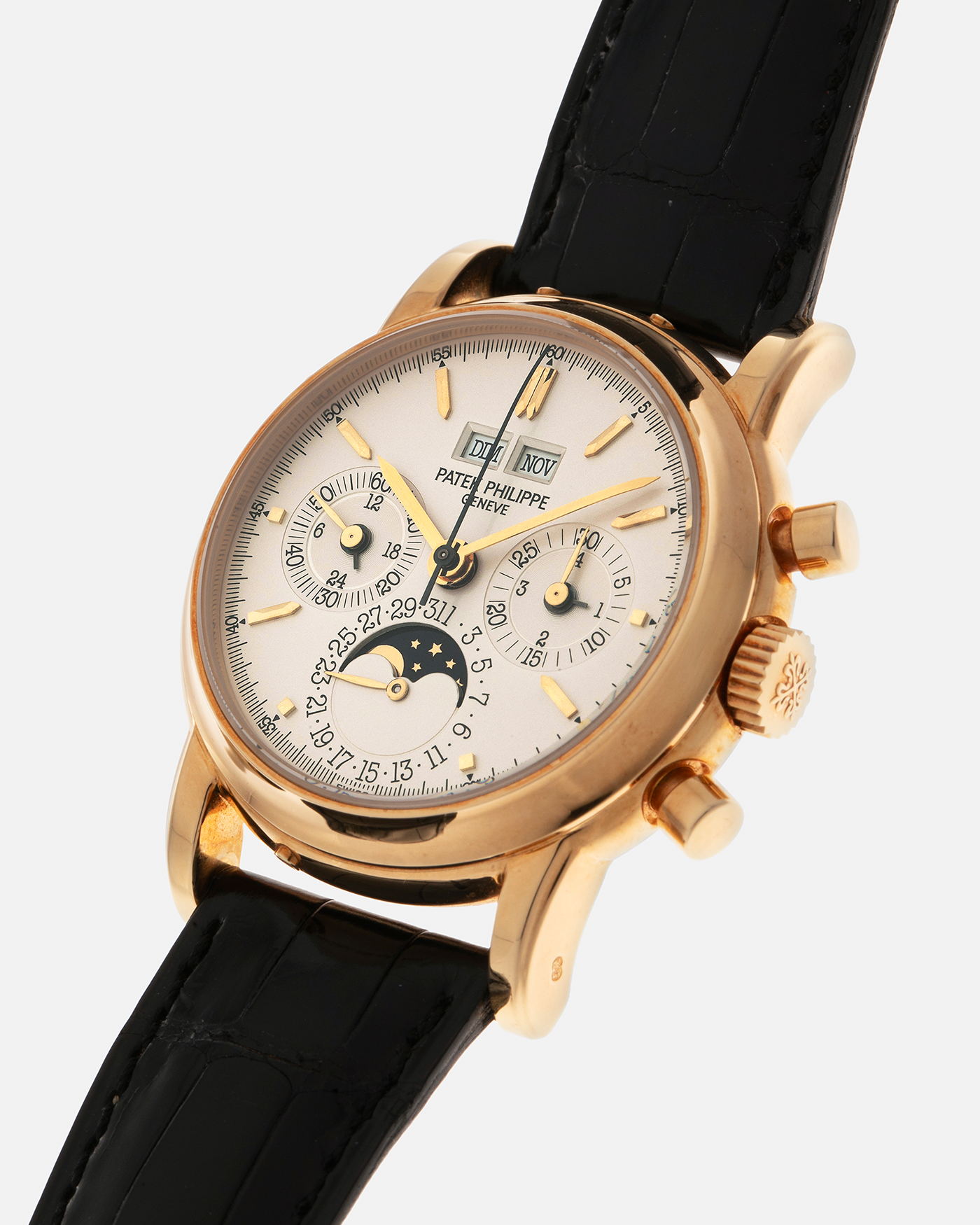 Brand: Patek Philippe
Year: 1992
Model: Perpetual Calendar Chronograph ‘3rd Series’
Reference Number: 3970EJ
Material: 18-carat Yellow Gold
Movement: Patek Philippe Cal. 27-70 Q (Based on Lemania Cal. 2310), Manual-Winding
Movement Number:
Case Dimensions: 36mm x 13mm (43.3mm Lug-to-Lug)
Lug Width: 19mm
Strap: Patek Philippe Black Alligator Leather Strap with Signed 18-carat Yellow Gold Tang Buckle