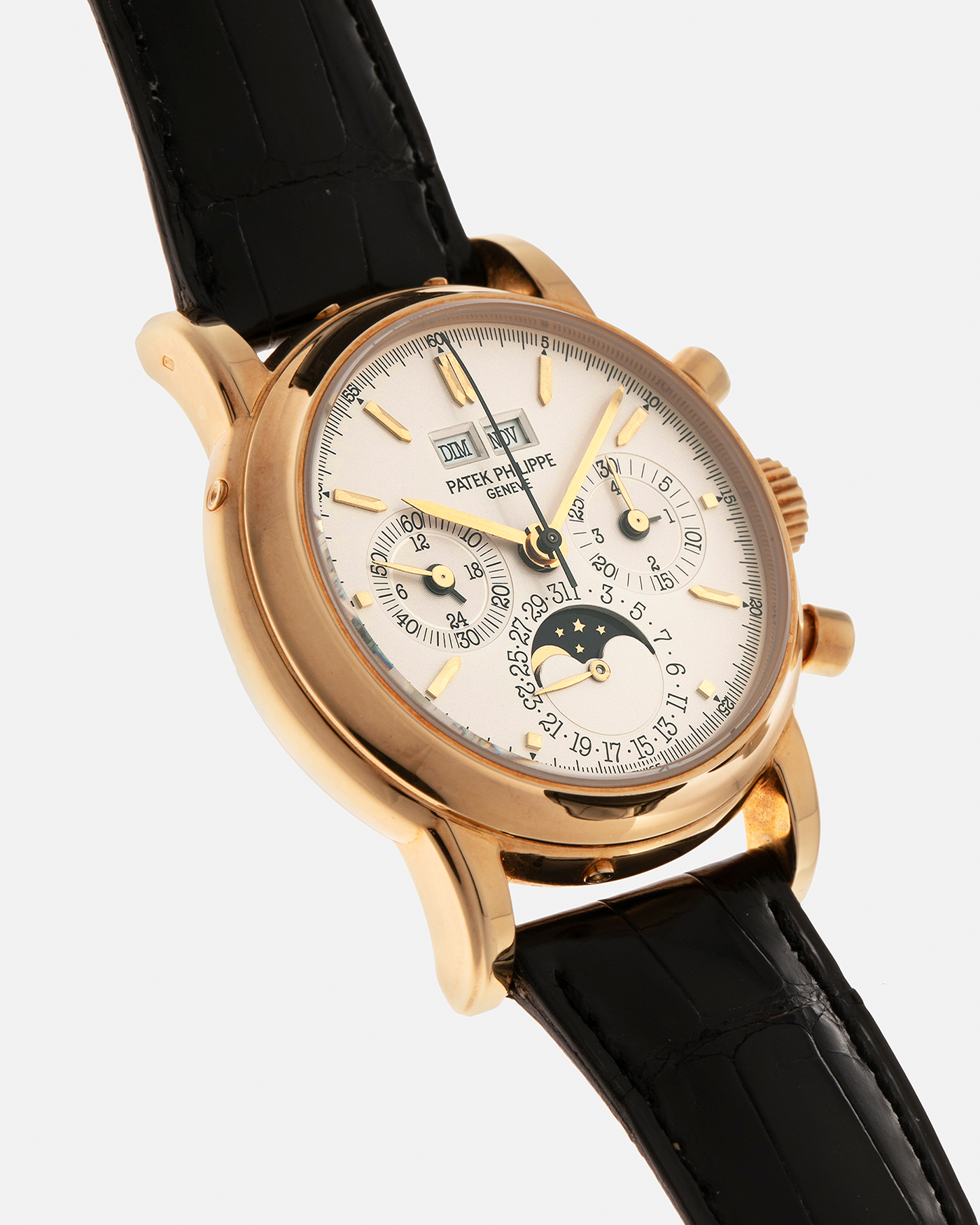 Brand: Patek Philippe
Year: 1992
Model: Perpetual Calendar Chronograph ‘3rd Series’
Reference Number: 3970EJ
Material: 18-carat Yellow Gold
Movement: Patek Philippe Cal. 27-70 Q (Based on Lemania Cal. 2310), Manual-Winding
Movement Number:
Case Dimensions: 36mm x 13mm (43.3mm Lug-to-Lug)
Lug Width: 19mm
Strap: Patek Philippe Black Alligator Leather Strap with Signed 18-carat Yellow Gold Tang Buckle