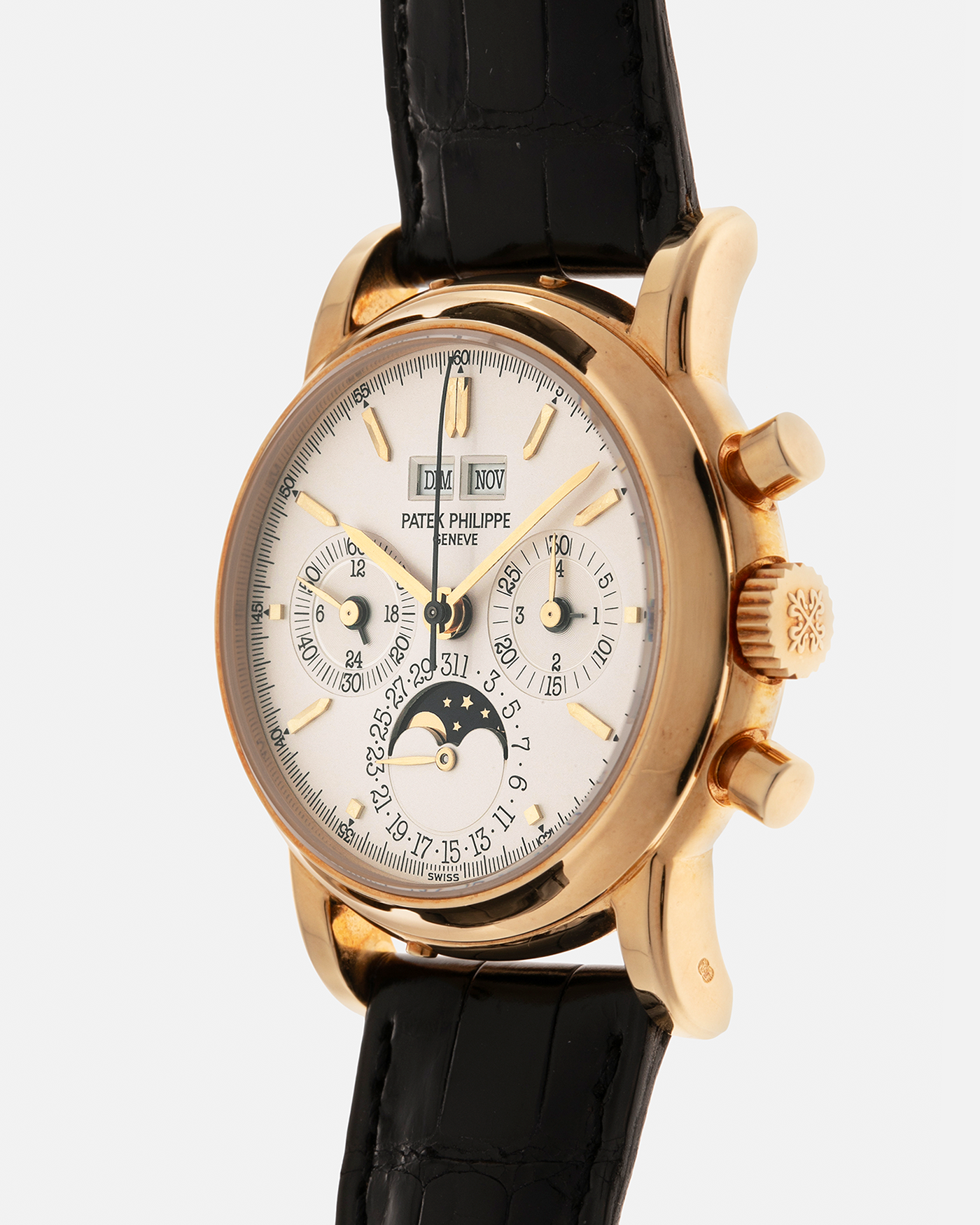 Brand: Patek Philippe
Year: 1992
Model: Perpetual Calendar Chronograph ‘3rd Series’
Reference Number: 3970EJ
Material: 18-carat Yellow Gold
Movement: Patek Philippe Cal. 27-70 Q (Based on Lemania Cal. 2310), Manual-Winding
Movement Number:
Case Dimensions: 36mm x 13mm (43.3mm Lug-to-Lug)
Lug Width: 19mm
Strap: Patek Philippe Black Alligator Leather Strap with Signed 18-carat Yellow Gold Tang Buckle