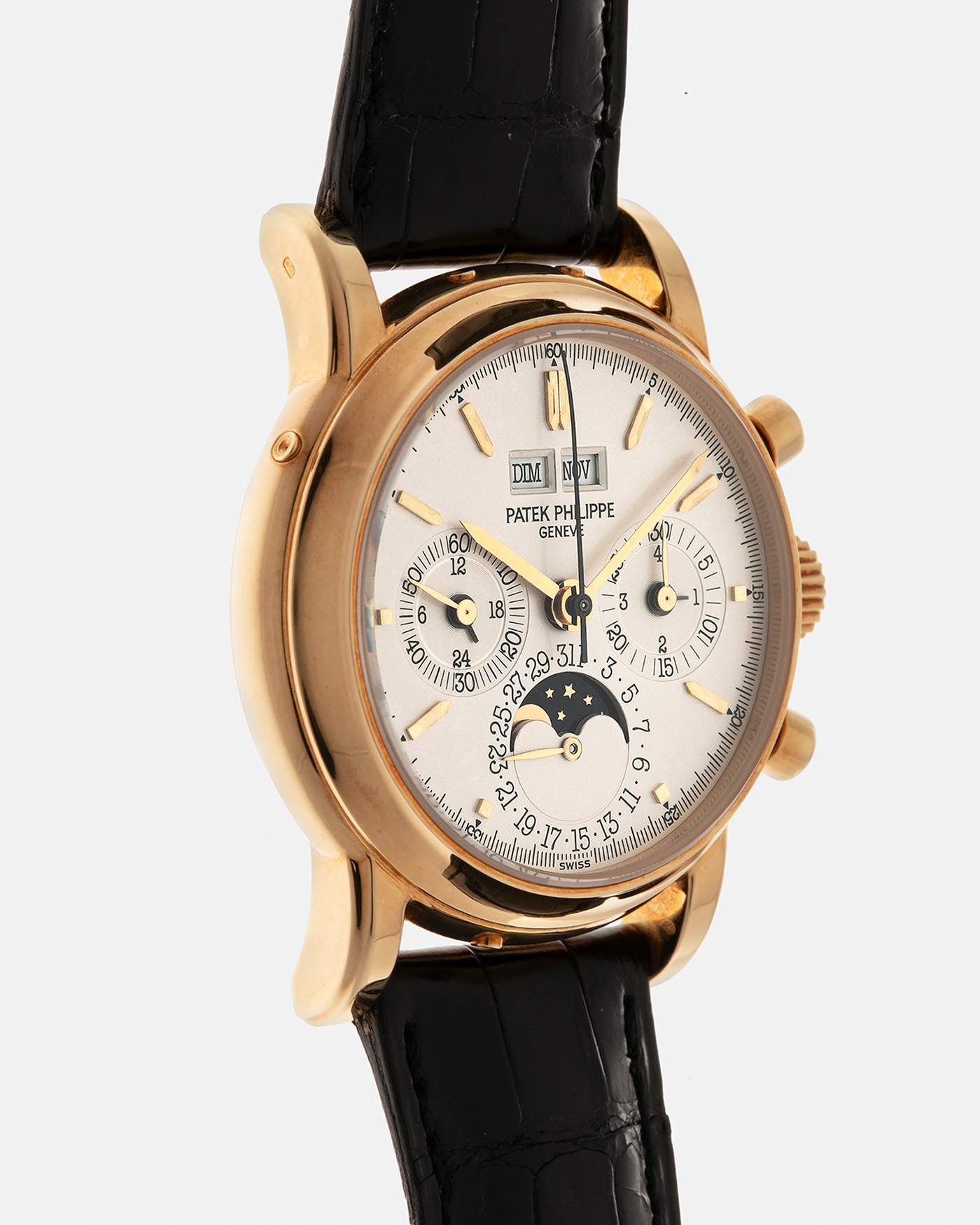 Brand: Patek Philippe
Year: 1992
Model: Perpetual Calendar Chronograph ‘3rd Series’
Reference Number: 3970EJ
Material: 18-carat Yellow Gold
Movement: Patek Philippe Cal. 27-70 Q (Based on Lemania Cal. 2310), Manual-Winding
Movement Number:
Case Dimensions: 36mm x 13mm (43.3mm Lug-to-Lug)
Lug Width: 19mm
Strap: Patek Philippe Black Alligator Leather Strap with Signed 18-carat Yellow Gold Tang Buckle