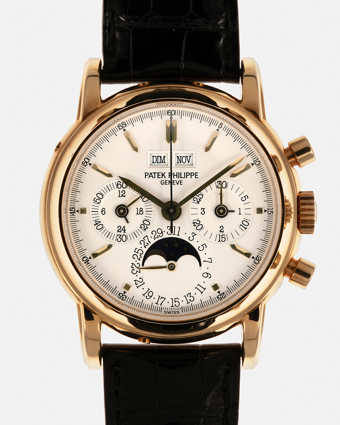 Brand: Patek Philippe
Year: 1992
Model: Perpetual Calendar Chronograph ‘3rd Series’
Reference Number: 3970EJ
Material: 18-carat Yellow Gold
Movement: Patek Philippe Cal. 27-70 Q (Based on Lemania Cal. 2310), Manual-Winding
Movement Number:
Case Dimensions: 36mm x 13mm (43.3mm Lug-to-Lug)
Lug Width: 19mm
Strap: Patek Philippe Black Alligator Leather Strap with Signed 18-carat Yellow Gold Tang Buckle
