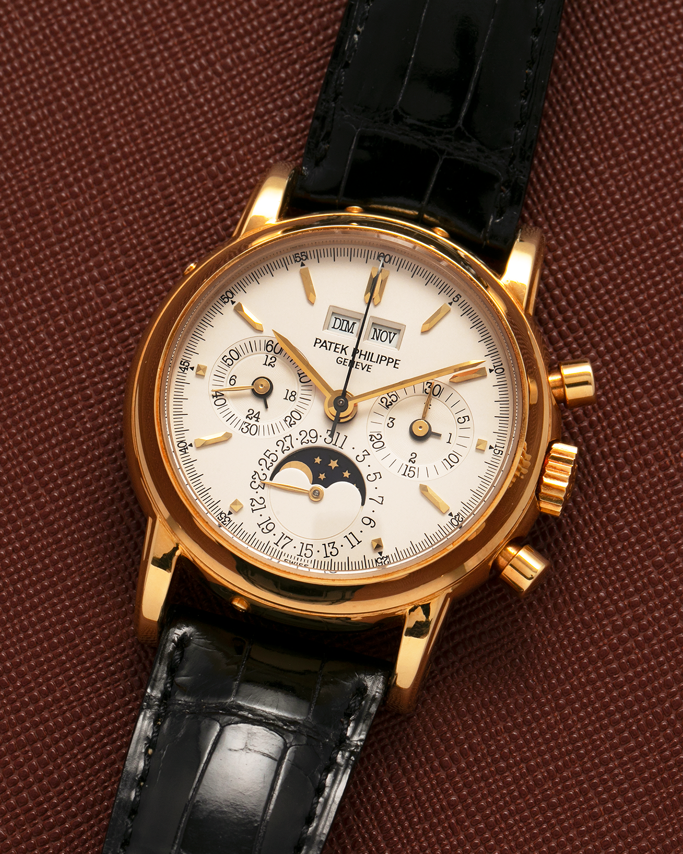 Brand: Patek Philippe
Year: 1992
Model: Perpetual Calendar Chronograph ‘3rd Series’
Reference Number: 3970EJ
Material: 18-carat Yellow Gold
Movement: Patek Philippe Cal. 27-70 Q (Based on Lemania Cal. 2310), Manual-Winding
Movement Number:
Case Dimensions: 36mm x 13mm (43.3mm Lug-to-Lug)
Lug Width: 19mm
Strap: Patek Philippe Black Alligator Leather Strap with Signed 18-carat Yellow Gold Tang Buckle