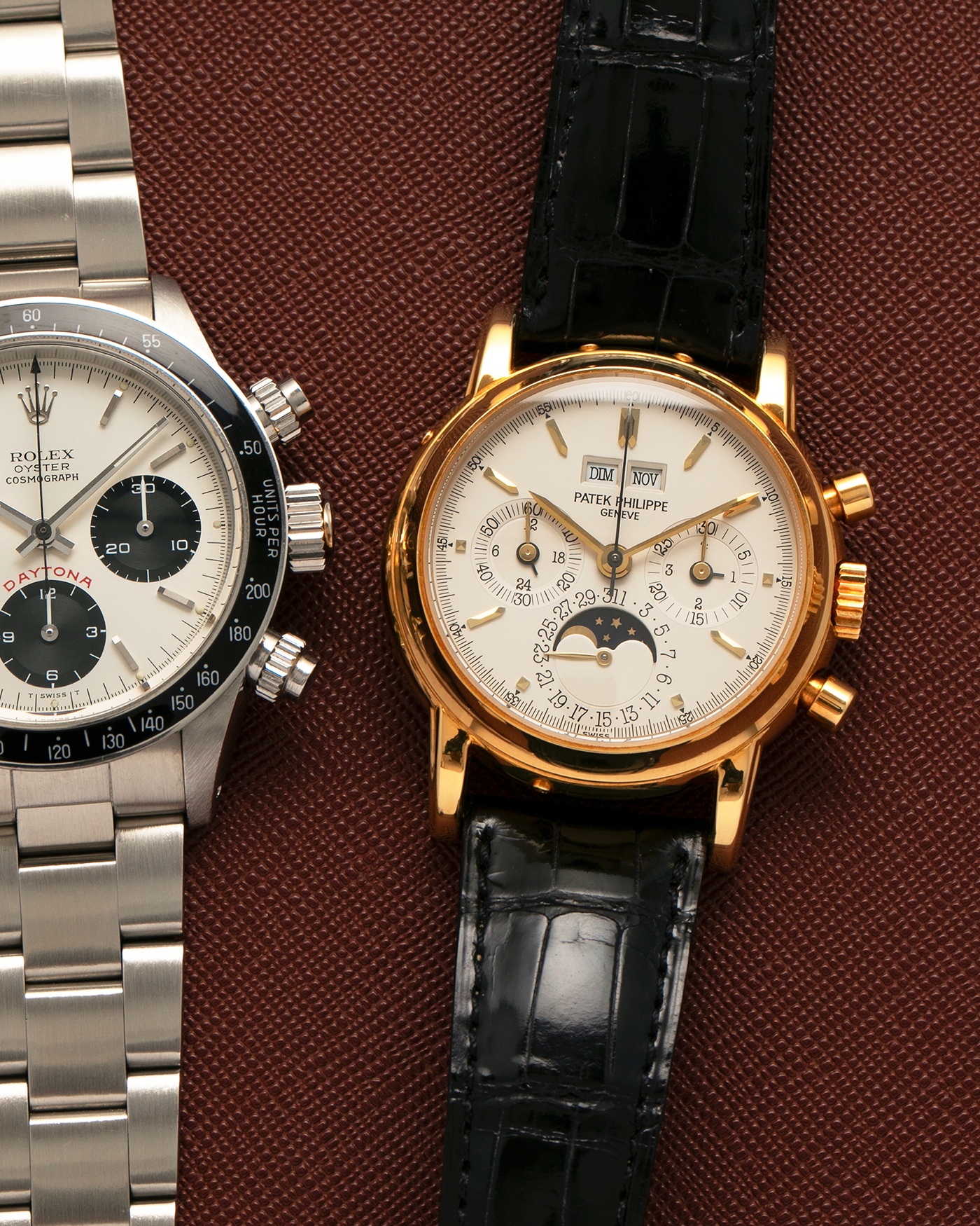 Brand: Patek Philippe
Year: 1992
Model: Perpetual Calendar Chronograph ‘3rd Series’
Reference Number: 3970EJ
Material: 18-carat Yellow Gold
Movement: Patek Philippe Cal. 27-70 Q (Based on Lemania Cal. 2310), Manual-Winding
Movement Number:
Case Dimensions: 36mm x 13mm (43.3mm Lug-to-Lug)
Lug Width: 19mm
Strap: Patek Philippe Black Alligator Leather Strap with Signed 18-carat Yellow Gold Tang Buckle