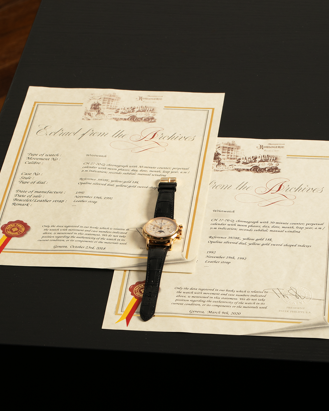 Brand: Patek Philippe
Year: 1992
Model: Perpetual Calendar Chronograph ‘3rd Series’
Reference Number: 3970EJ
Material: 18-carat Yellow Gold
Movement: Patek Philippe Cal. 27-70 Q (Based on Lemania Cal. 2310), Manual-Winding
Movement Number:
Case Dimensions: 36mm x 13mm (43.3mm Lug-to-Lug)
Lug Width: 19mm
Strap: Patek Philippe Black Alligator Leather Strap with Signed 18-carat Yellow Gold Tang Buckle