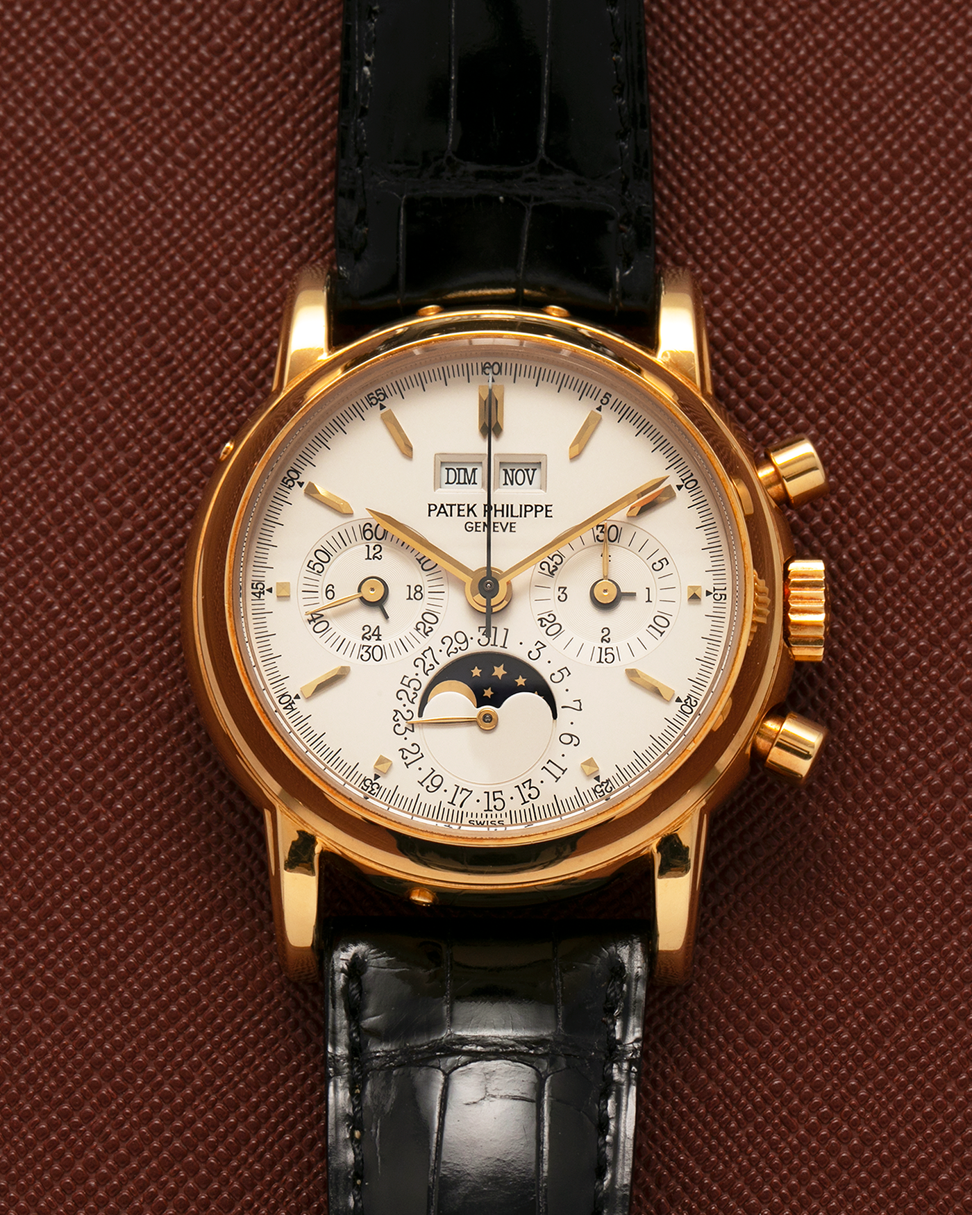 Brand: Patek Philippe
Year: 1992
Model: Perpetual Calendar Chronograph ‘3rd Series’
Reference Number: 3970EJ
Material: 18-carat Yellow Gold
Movement: Patek Philippe Cal. 27-70 Q (Based on Lemania Cal. 2310), Manual-Winding
Movement Number:
Case Dimensions: 36mm x 13mm (43.3mm Lug-to-Lug)
Lug Width: 19mm
Strap: Patek Philippe Black Alligator Leather Strap with Signed 18-carat Yellow Gold Tang Buckle