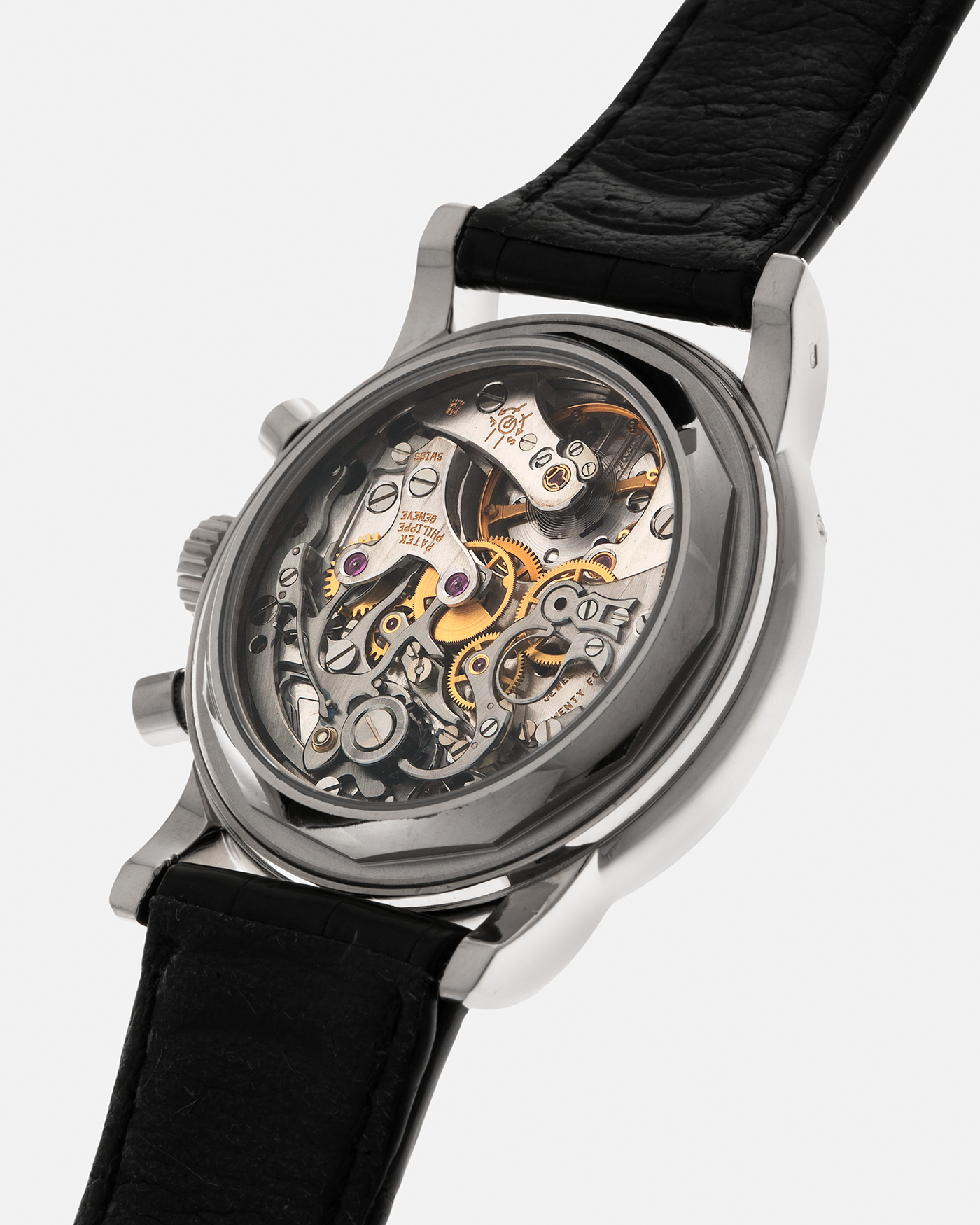 Brand: Patek Philippe
Year: 1995
Model: Perpetual Calendar Chronograph ‘4th Series’
Reference Number: 3970EG
Material: 18-carat White Gold
Movement: Patek Philippe Cal. 27-70 Q (Based on Lemania Cal. 2310), Self-Winding
Movement Number: 3045XXX
Case Dimensions: 36mm x 13mm (43.3mm Lug-to-Lug)
Lug Width: 19mm
Strap: Patek Philippe Black Alligator Leather Strap with Signed 18-carat White Gold Deployant Clasp
