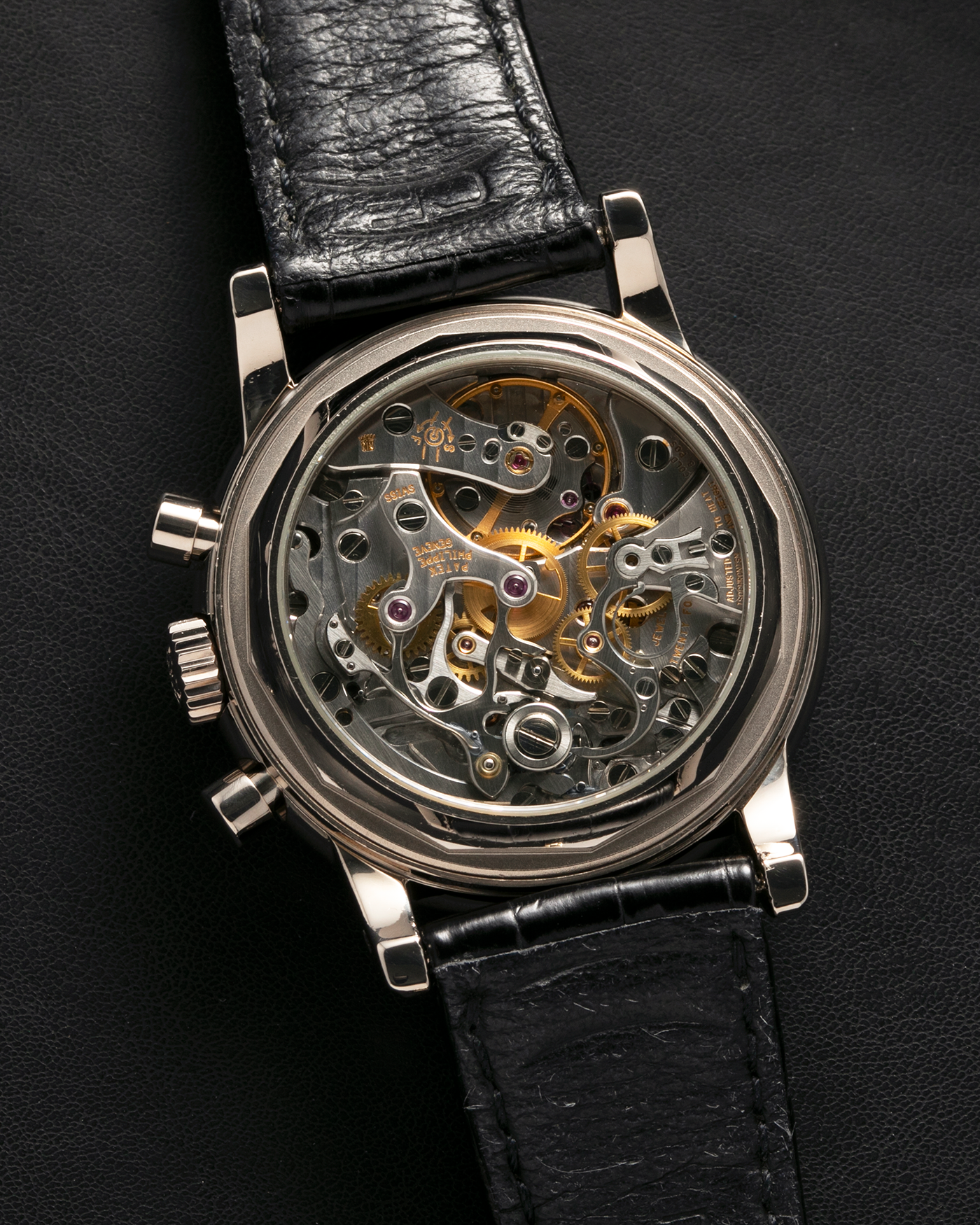 Brand: Patek Philippe
Year: 1995
Model: Perpetual Calendar Chronograph ‘4th Series’
Reference Number: 3970EG
Material: 18-carat White Gold
Movement: Patek Philippe Cal. 27-70 Q (Based on Lemania Cal. 2310), Self-Winding
Movement Number: 3045XXX
Case Dimensions: 36mm x 13mm (43.3mm Lug-to-Lug)
Lug Width: 19mm
Strap: Patek Philippe Black Alligator Leather Strap with Signed 18-carat White Gold Deployant Clasp