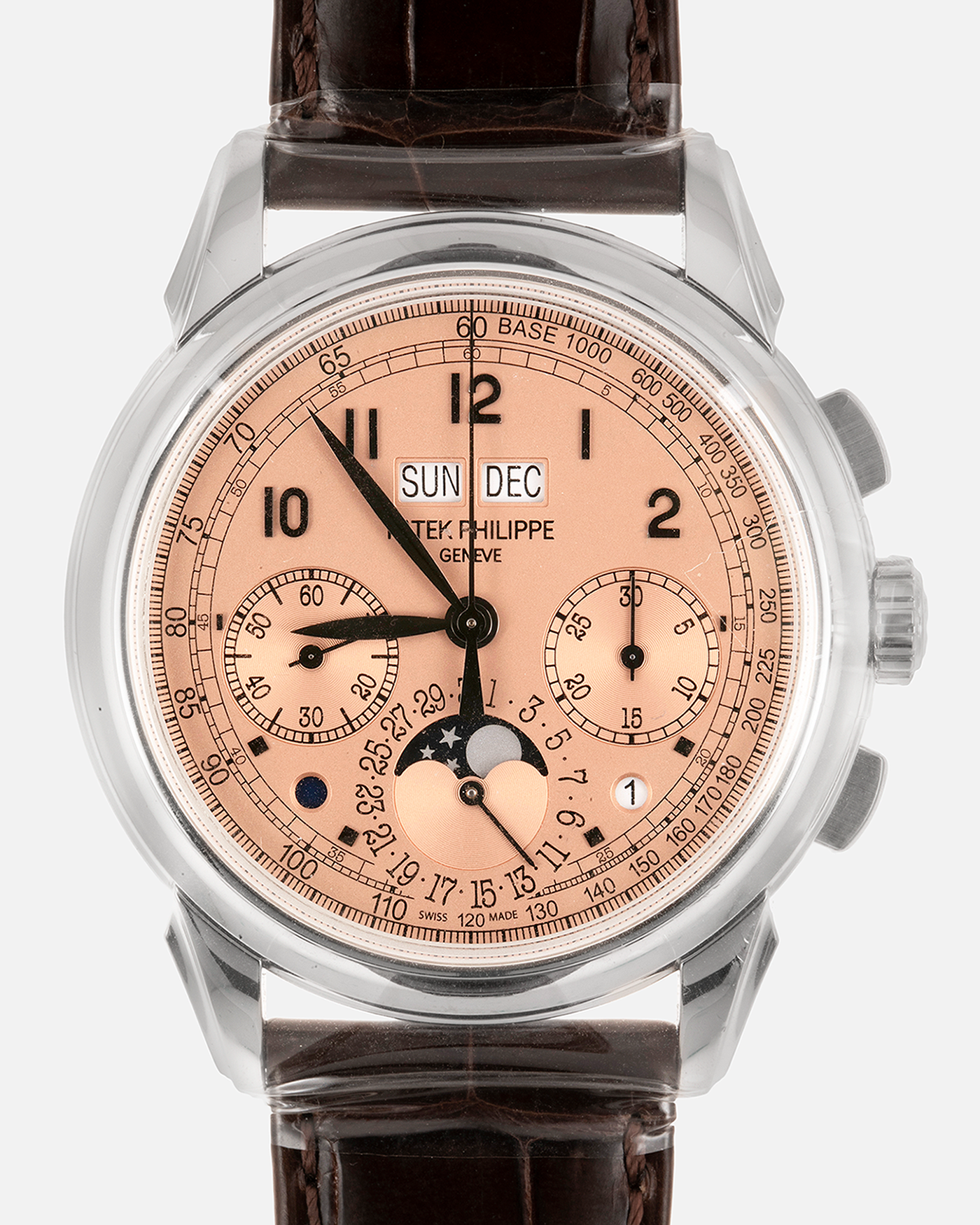 Brand: Patek Philippe Year: 2021 Model: Perpetual Calendar Chronograph Reference Number: 5270P Material: Platinum 950 Movement: Cal. 29-535 PS Q, Manual-Winding Case Diameter: 41mm Bracelet: Patek Philippe Brown Alligator Strap with Platinum Signed Deployant Clasp