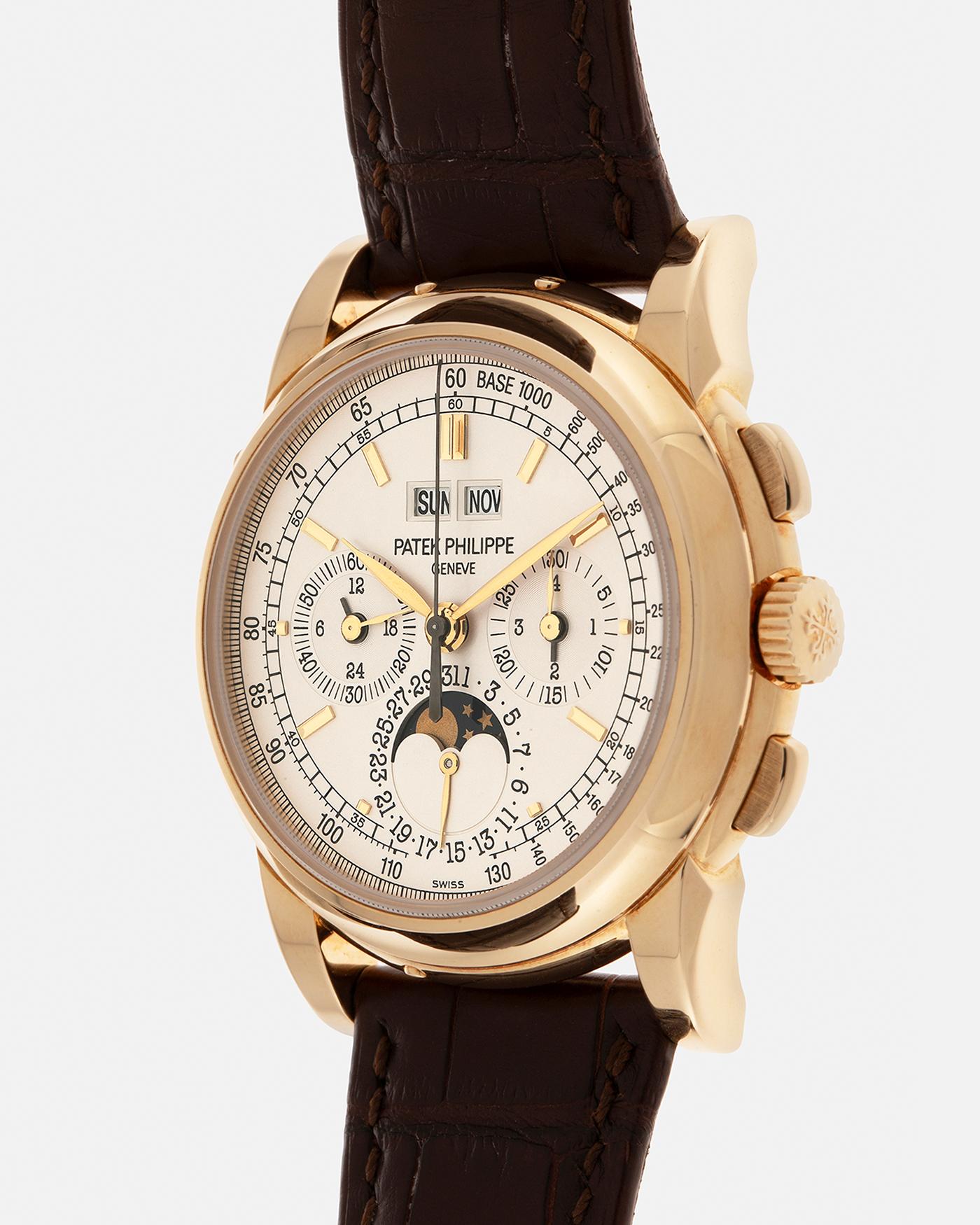 Brand: Patek Philippe
Year: 2008
Model: Perpetual Calendar Chronograph
Reference Number: 5970J
Material: 18-carat Yellow Gold
Movement: Patek Philippe Cal. 27-70 Q (Based on Lemania Cal. 2310), Manual-Winding
Case Dimensions: 40mm x 13.5mm (Lug-to-Lug 46.5mm)
Lug Width: 21mm
Strap: Patek Philippe Dark Brown Alligator Leather Strap with Signed 18-carat Yellow Gold Deployant Clasp
