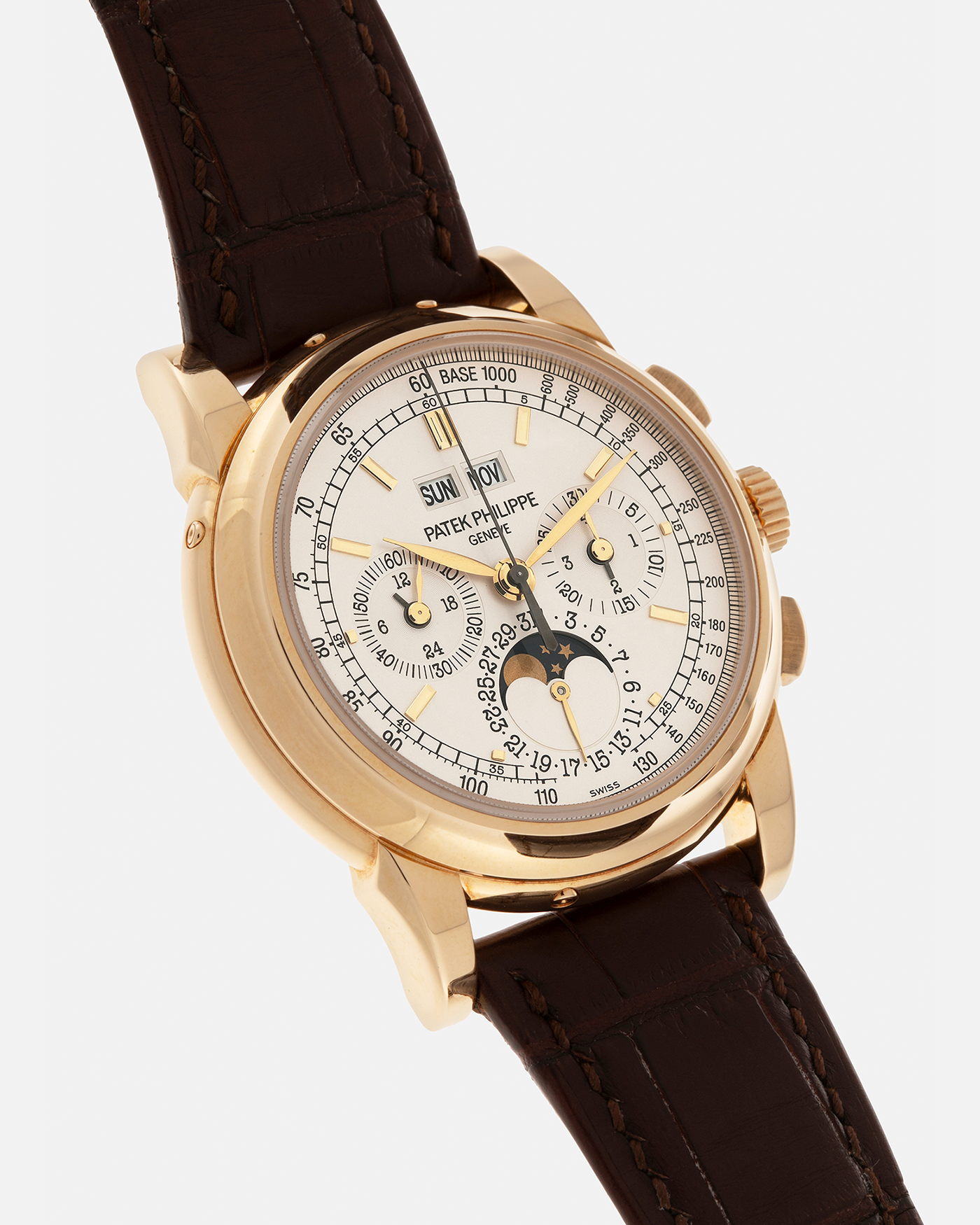 Brand: Patek Philippe
Year: 2008
Model: Perpetual Calendar Chronograph
Reference Number: 5970J
Material: 18-carat Yellow Gold
Movement: Patek Philippe Cal. 27-70 Q (Based on Lemania Cal. 2310), Manual-Winding
Case Dimensions: 40mm x 13.5mm (Lug-to-Lug 46.5mm)
Lug Width: 21mm
Strap: Patek Philippe Dark Brown Alligator Leather Strap with Signed 18-carat Yellow Gold Deployant Clasp