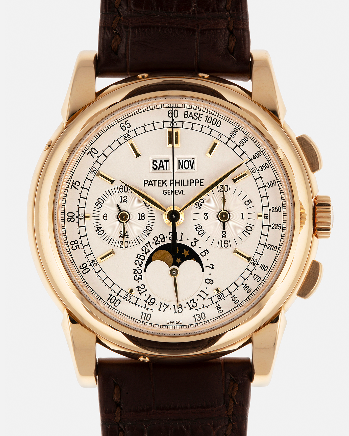 Brand: Patek Philippe
Year: 2008
Model: Perpetual Calendar Chronograph
Reference Number: 5970J
Material: 18-carat Yellow Gold
Movement: Patek Philippe Cal. 27-70 Q (Based on Lemania Cal. 2310), Manual-Winding
Case Dimensions: 40mm x 13.5mm (Lug-to-Lug 46.5mm)
Lug Width: 21mm
Strap: Patek Philippe Dark Brown Alligator Leather Strap with Signed 18-carat Yellow Gold Deployant Clasp