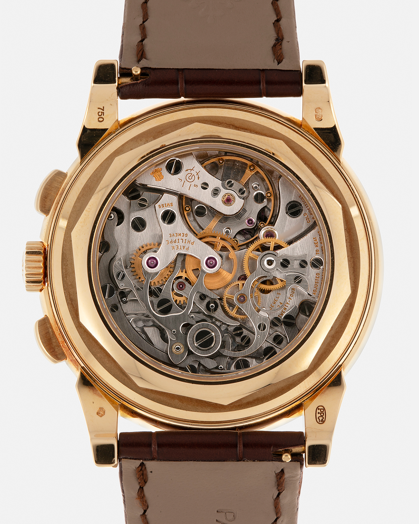 Brand: Patek Philippe
Year: 2008
Model: Perpetual Calendar Chronograph
Reference Number: 5970J
Material: 18-carat Yellow Gold
Movement: Patek Philippe Cal. 27-70 Q (Based on Lemania Cal. 2310), Manual-Winding
Case Dimensions: 40mm x 13.5mm (Lug-to-Lug 46.5mm)
Lug Width: 21mm
Strap: Patek Philippe Dark Brown Alligator Leather Strap with Signed 18-carat Yellow Gold Deployant Clasp